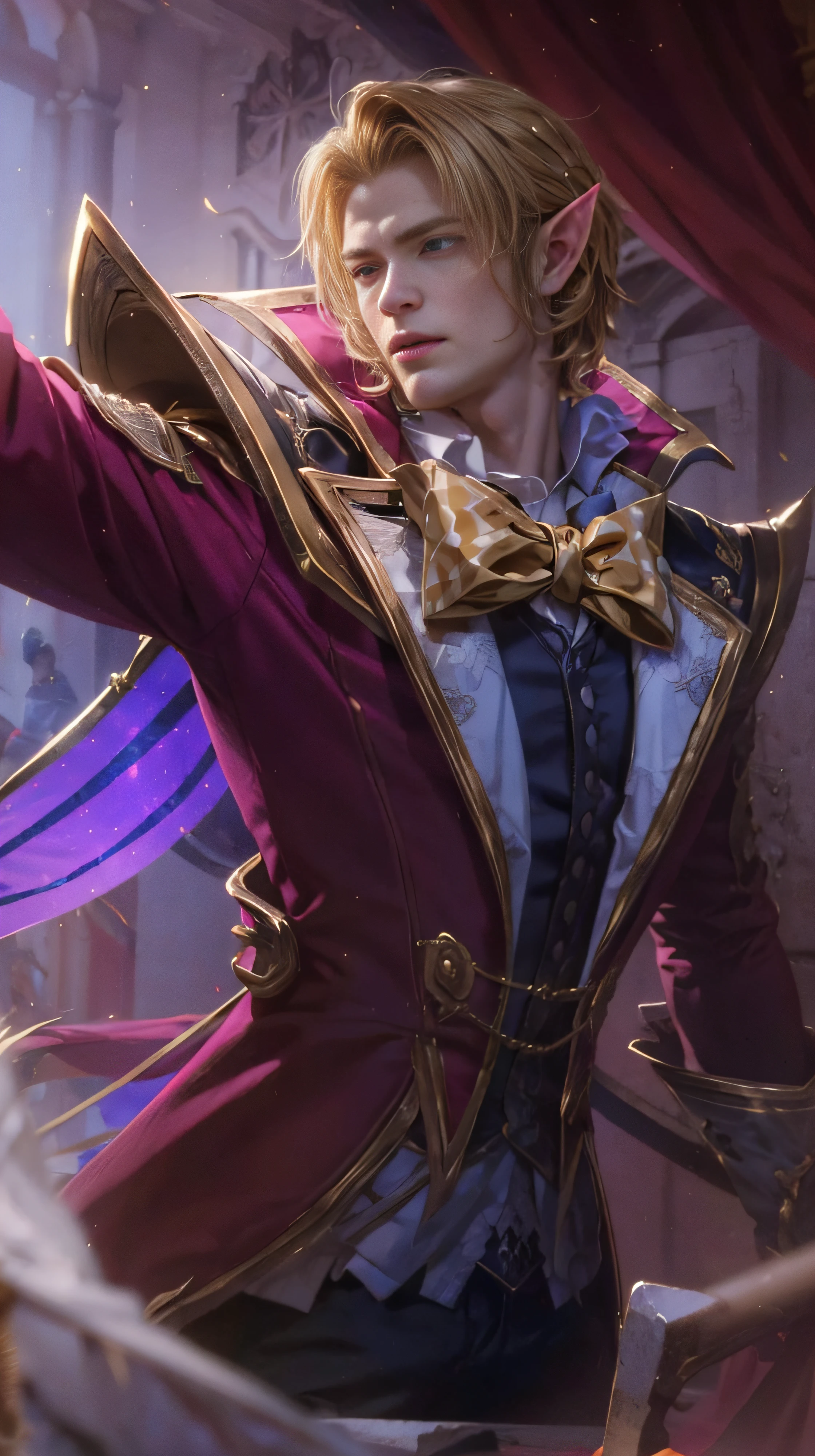 Blonde man, Vampire, Handsome, Edward Cullen, Magician, Elf ears, slightly smile, red eyes, pale white skin, pink coat, yellow ribbon.