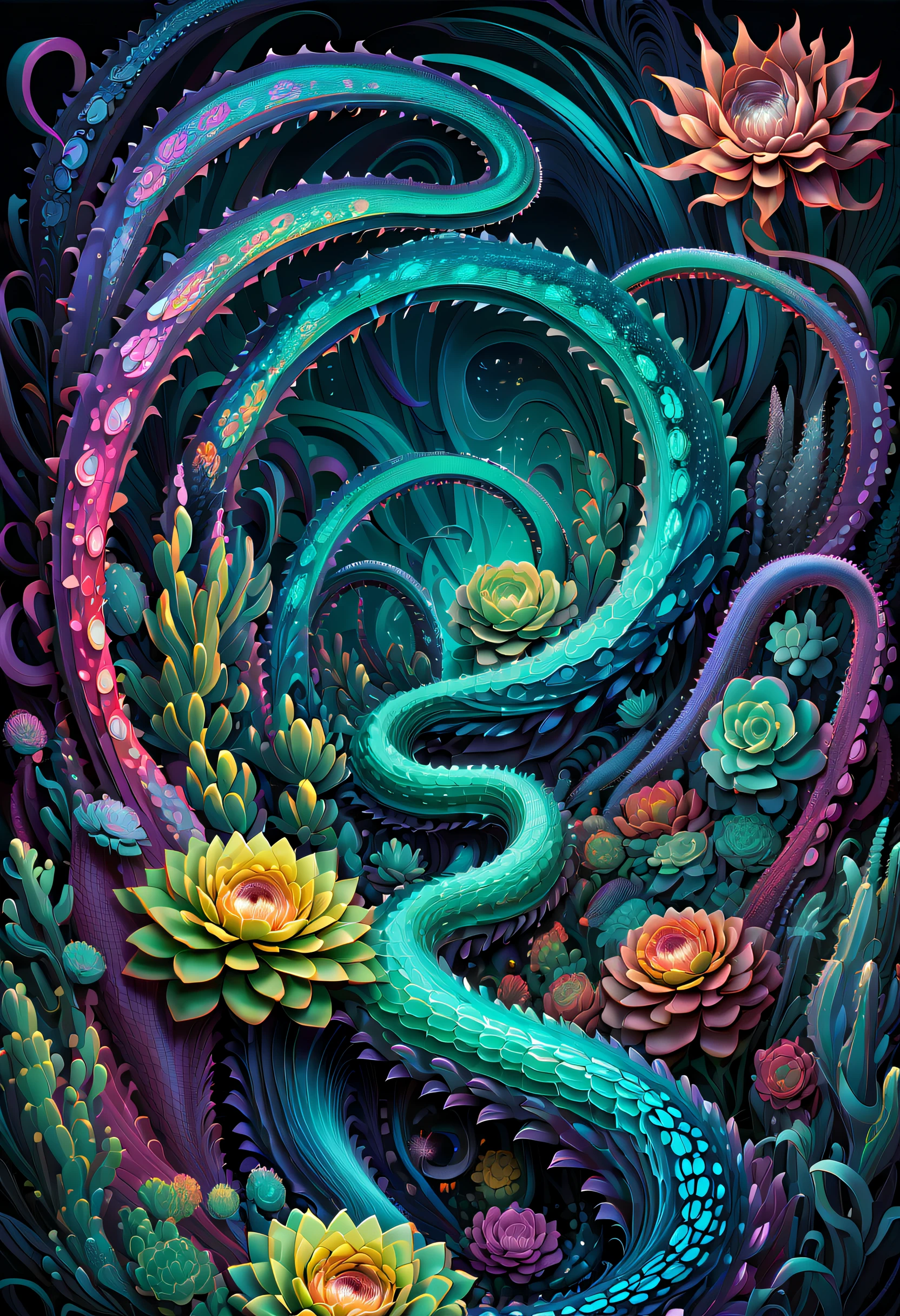 Gregorian flower through the darkness, A dream sprinkled with dark fantasy, blow wild, wilderness of death, There will always be, Sharpen, spread the thread of , Judgment Day, Unparalleled clarity, Succulent neon glow garden, virtuous, Glorious, powerful touch, Pulsating energy, Surrounded by a complex and solemn atmosphere, The essence of beauty: complexity and complexity. This is a detailed digital painting that is nothing short of extraordinary, Every stroke captures the essence of absurdity and complexity, The rich colors are rich and vivid.、Evoking a sense of luxury and sophistication。, An intricate web of elements from the smallest shadow to the most absurd and surreal, Adds a touch of class to this already stunning piece, strength, Beautifully abstract and trippy swirling colors and pattern formations emerge, Visual intensity, Cool tones, Anglo-Gothic landscape, Tentacle-like appendages extend gracefully, Reminiscent of highly detailed digital artwork,