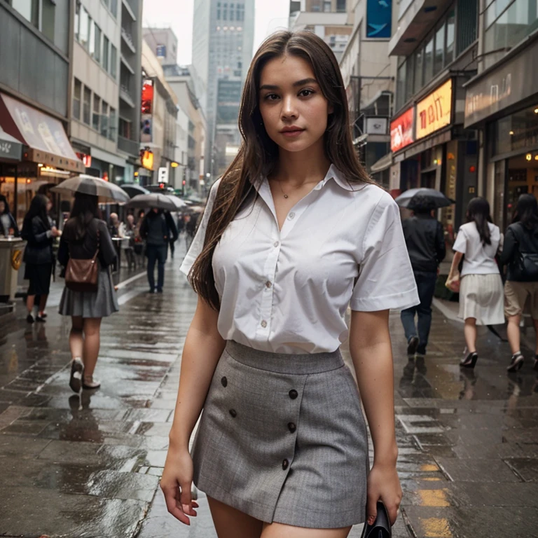 An 18-year-old, well-built beauty with long brown hair and a distinctive mole above her lip, dons an ideal high school uniform – a short-sleeved white shirt paired with a long gray skirt. Despite the city crowd, her not-too-prominent chest and sharp appearance stand out. The high-quality photography captures her amidst a cinematic city street, portraying the essence of Java women in the midst of a rainy day.