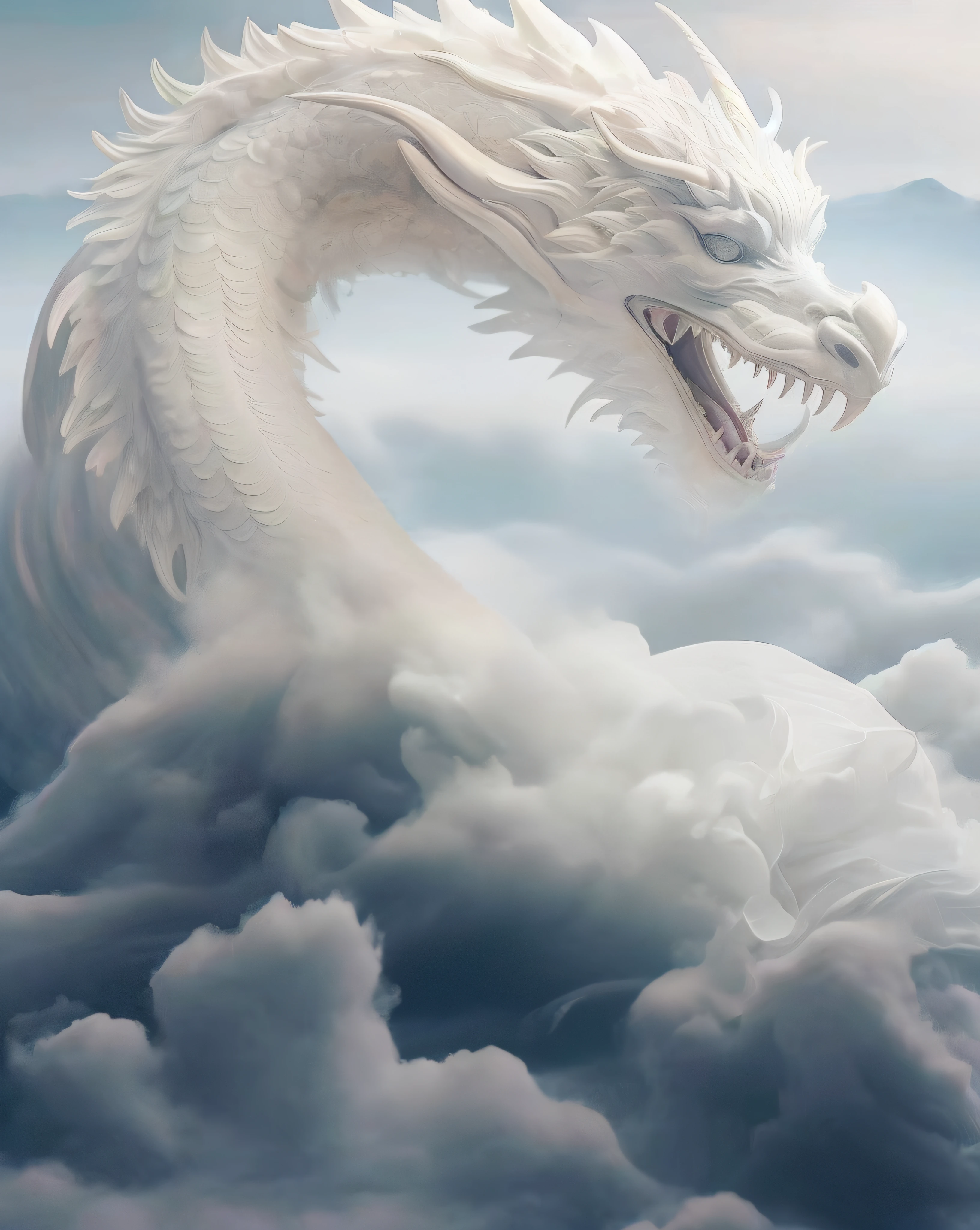 There is a white dragon in the clouds, a dragon made of clouds, Dragon-shaped clouds, The dragon is in the sky, Dragons fly in the sky, Dragons fly in the sky, Dragons fly in the sky, ryujin, Dragon as background, Soft and delicate dragon nature, great mystical winged serpent, Godrays digital painting