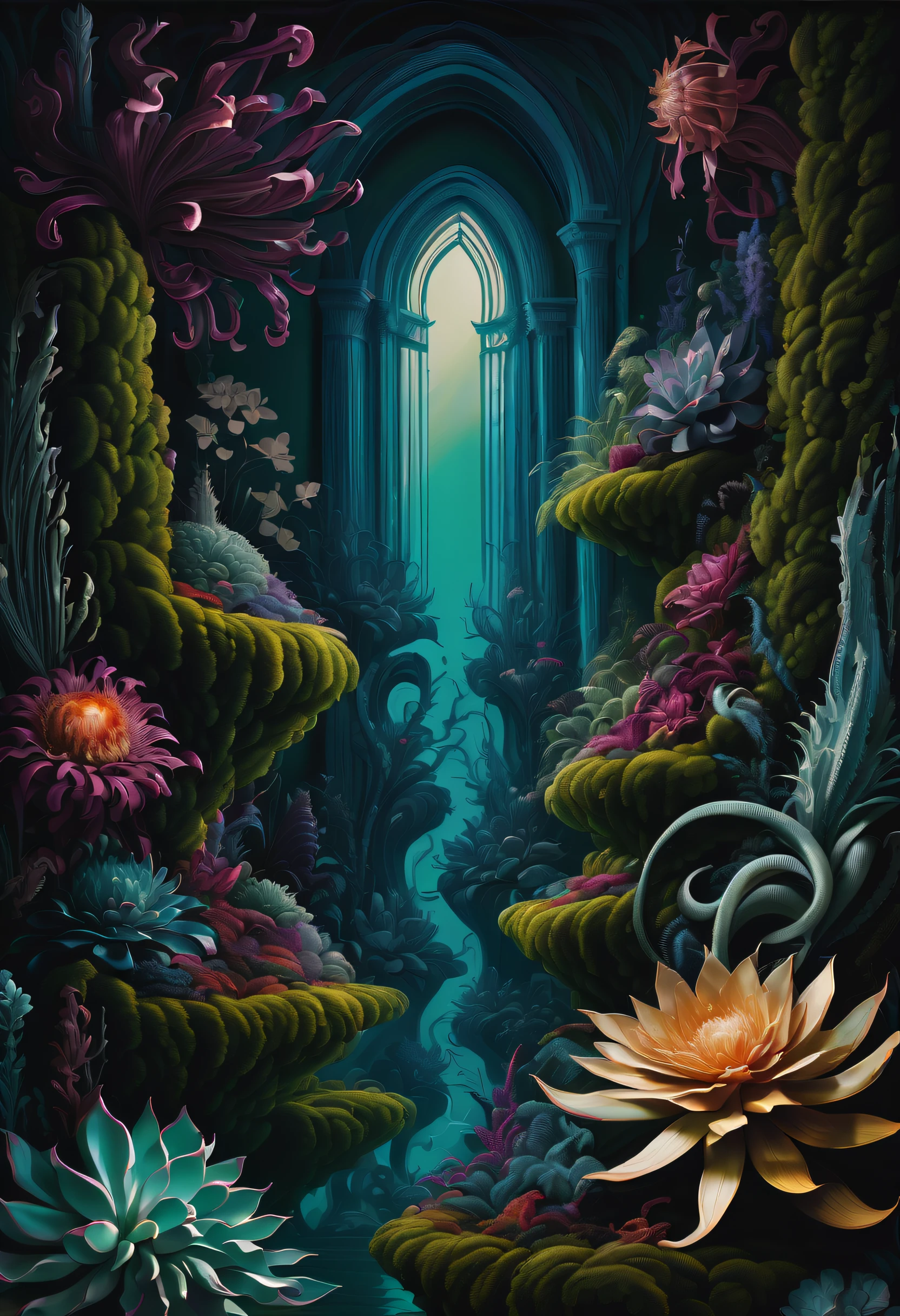Gregorian flower through the darkness, A dream sprinkled with dark fantasy, blow wild, wilderness of death, There will always be, Sharpen, spread the thread of , Judgment Day, Unparalleled clarity, Succulent neon glow garden, virtuous, Glorious, powerful touch, Pulsating energy, Surrounded by a complex and solemn atmosphere, The essence of beauty: complexity and complexity. This is a detailed digital painting that is nothing short of extraordinary, Every stroke captures the essence of absurdity and complexity, The rich colors are rich and vivid.、Evoking a sense of luxury and sophistication。, An intricate web of elements from the smallest shadow to the most absurd and surreal, Adds a touch of class to this already stunning piece, strength, Beautifully abstract and trippy swirling colors and pattern formations emerge, Visual intensity, Cool tones, Anglo-Gothic landscape, Tentacle-like appendages extend gracefully, Reminiscent of highly detailed digital artwork,