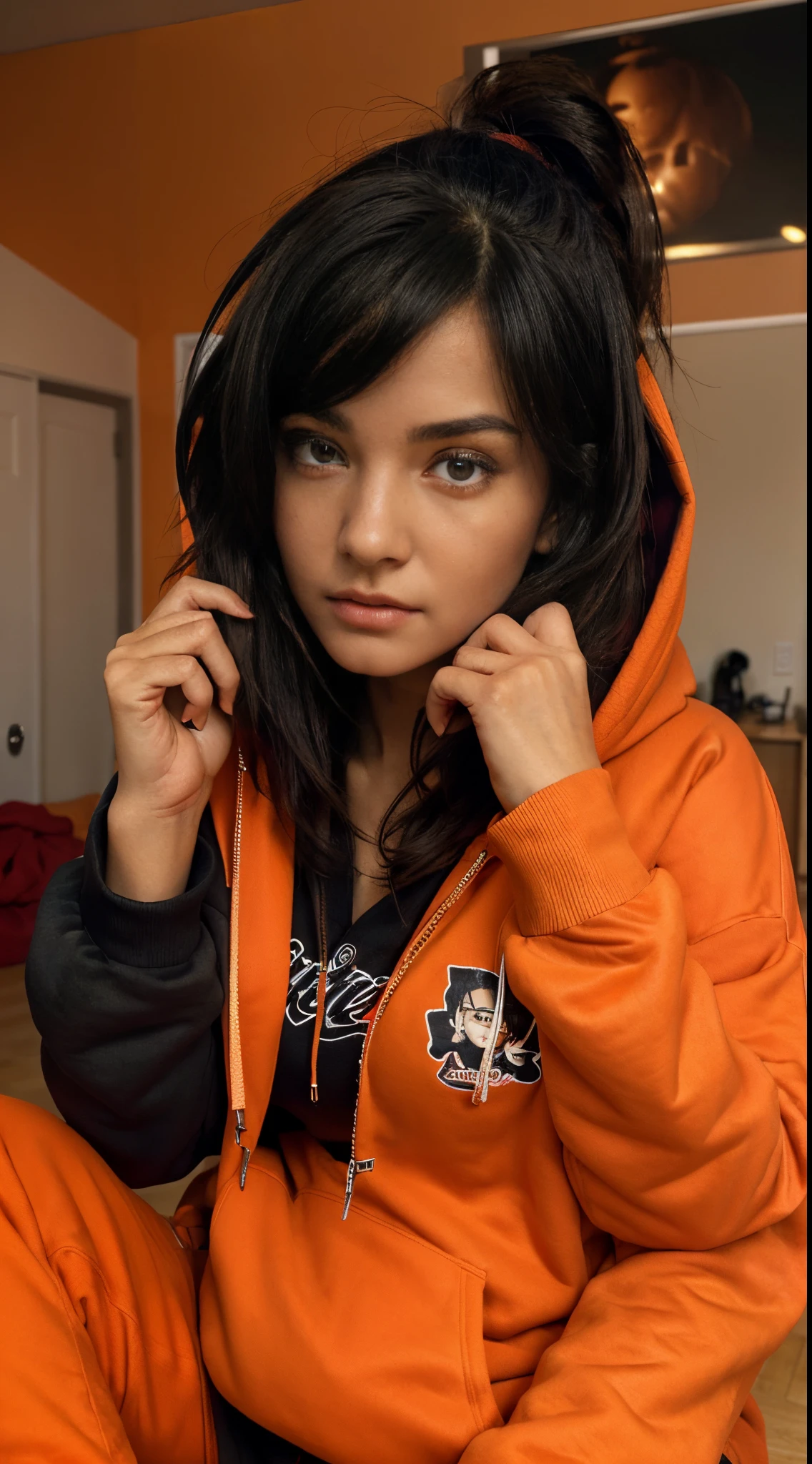 A single arafed image of a woman in a red hoodie sitting down, girl wearing hoodie, black haired girl wearing hoodie, in a hoodie, orange hoodie, wearing a scarlet hoodie, candid picture, wearing a hoody, long orange sweatshirt, wearing hoodie, wearing a red hoodie, detailed eyes, detailed eyes, ((attitude in eyes)), ((swag in eyes)), realistic, ultra realistic, in a black hoodie, she has a cute face, she is wearing streetwear