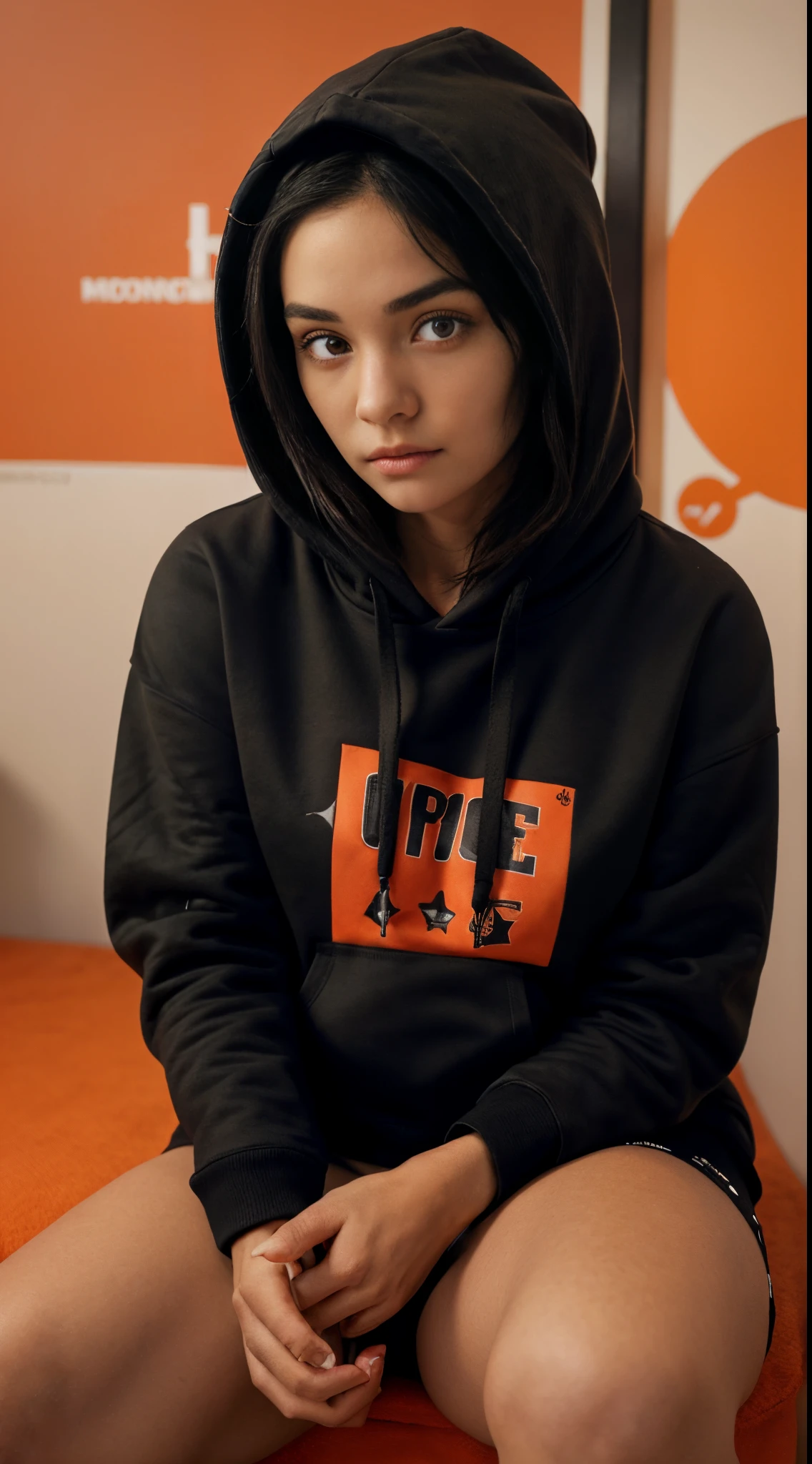 A single arafed image of a woman in a red hoodie sitting down, girl wearing hoodie, black haired girl wearing hoodie, in a hoodie, orange hoodie, wearing a scarlet hoodie, candid picture, wearing a hoody, long orange sweatshirt, wearing hoodie, wearing a red hoodie, detailed eyes, detailed eyes, ((attitude in eyes)), ((swag in eyes)), realistic, ultra realistic, in a black hoodie, she has a cute face, she is wearing streetwear