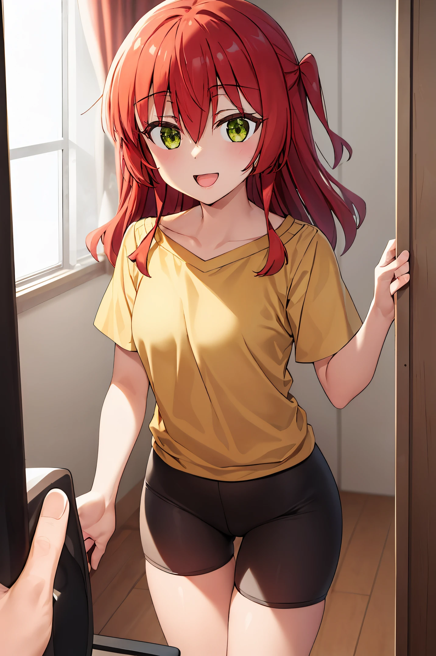 Room, 1 girl, best quality, ultra high res, long hair, red hair, green eyes, yellow shirt, short sleeves, bike shorts, looking at viewers, small breast, standing, pov, slim body, loli body, small body, smile, open mouth, removed panties,