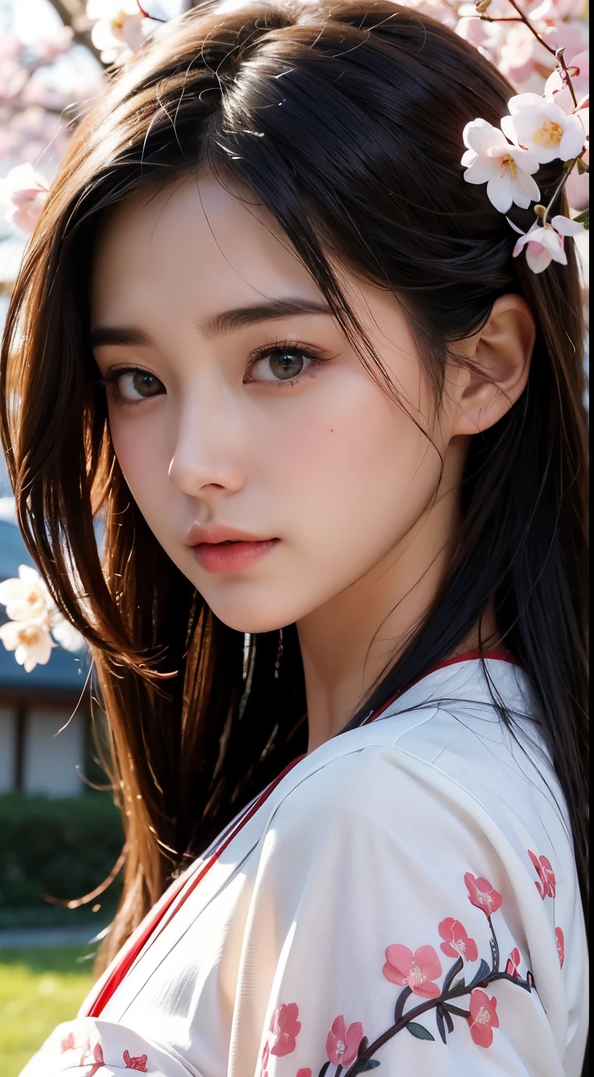 (A logo、masterpiece、8K、masutepiece、Raw photo、Fantastic、Best Quality、8K wallpaper that combines photorealism and high-definition CG、hightquality、ighly detailed、epic poem、Particle effect、Dynamic effects、depth of fields、Cinematic Light、Lens Flare、Ray tracing)、Fantasia、 (Beauty 1 person、White Japanese Clothing、Japanese dress、White cherry blossom pattern、White cherry blossom embroidery pattern、A dark-haired、Beautiful face、Real Face、beautiful details eyes beautiful skin)、Hair flutters in the wind、Hair jumps、Pink cherry blossom tree、Petals flutter、Sakura blizzard、Superb view、morning glow、Sun in the background、the wind、Deities、tusk、myth、Vast Land、
