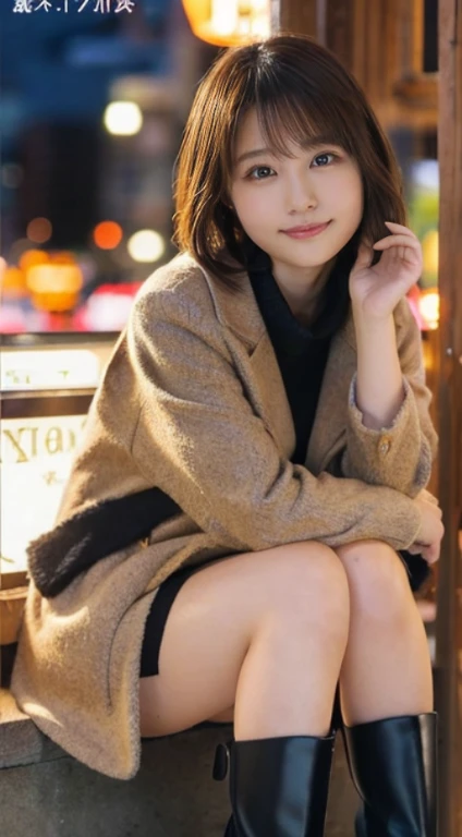 natta(Photorealistic), (ultra high realistic), (Ultra high definition), (ultra high detailed), (Increase contrast), (Increase saturation), (14 years old girl), (light skinned)A pretty woman with perfect figure, Cute face, Beautiful expression, (Lifelike face), Beautiful hairstyle, Realistic eyes, beautiful detail, (real looking skin), Beautiful skins, enticing, The ultra -The high-definition, A hyper-realistic, Realistic, Very detailed, Japanese, a short bob, bangss, (Wool short coat and knee-high boots、japanese cute idol, Tartan check)((Very short miniskirt)) Gentle smile, Brown hair,、The cleavage looks bold、beutiful breast、thin-waist、big butts、Riding the Ferris wheel((sitting and looking at the scenery ))、