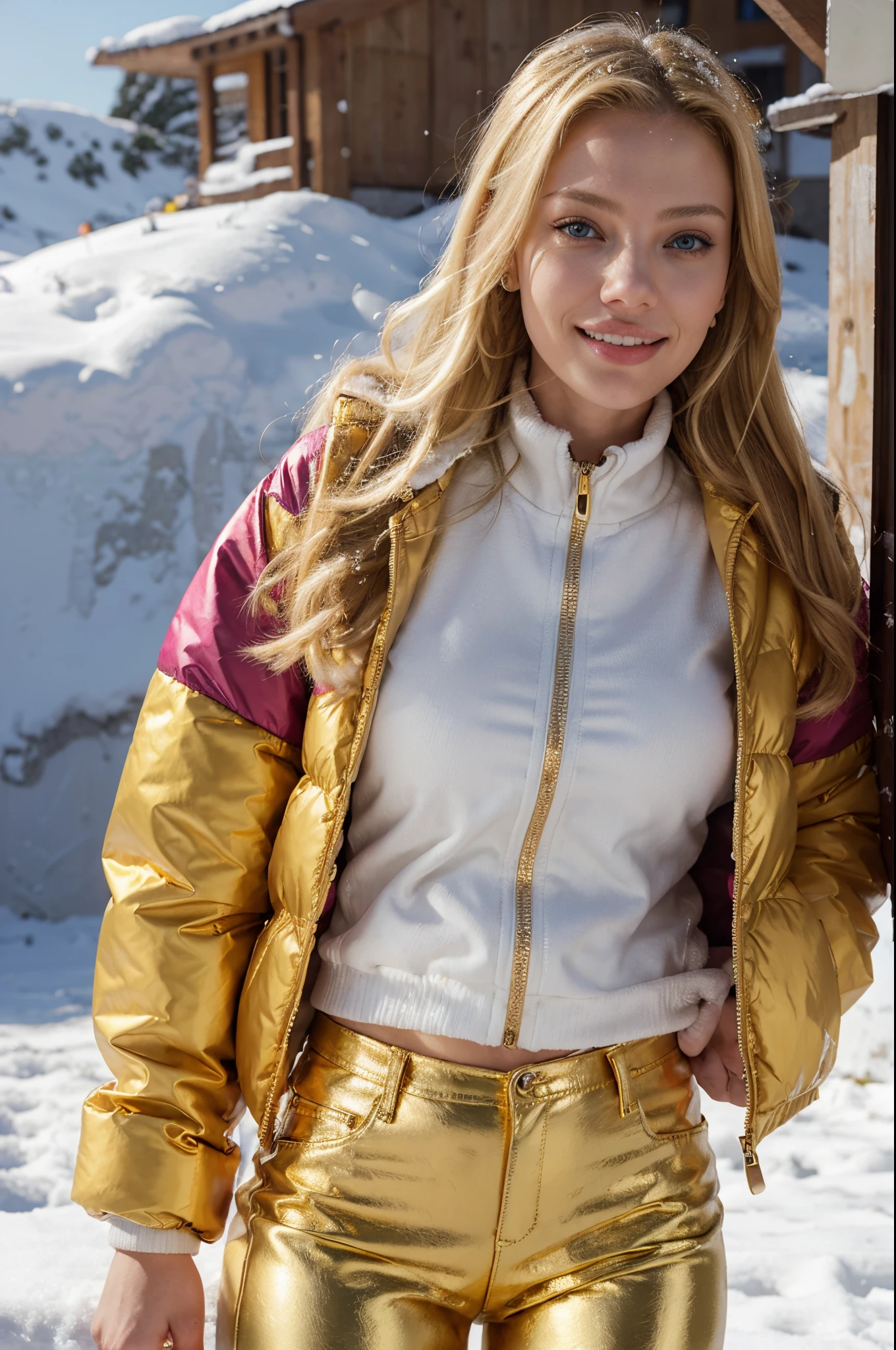 show me a 21 year old girl, blonde hair, wearing tight pants and a colorful snow jacket on a snowy peak, gold jewelry, her face looks like a mix between angelina jolie and scarlett johanssen, big playful smile
