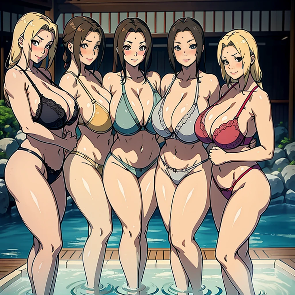 multiple thick body females standing in a line all wearing different bra and panties, different colors bra and panties, standing by pool in onsen, full body view, in various yoga poses, faces rendered high quality, one female shocked wearing white kimono outfit, remaining females smiling and blushing, spare panties and bra on the floor,