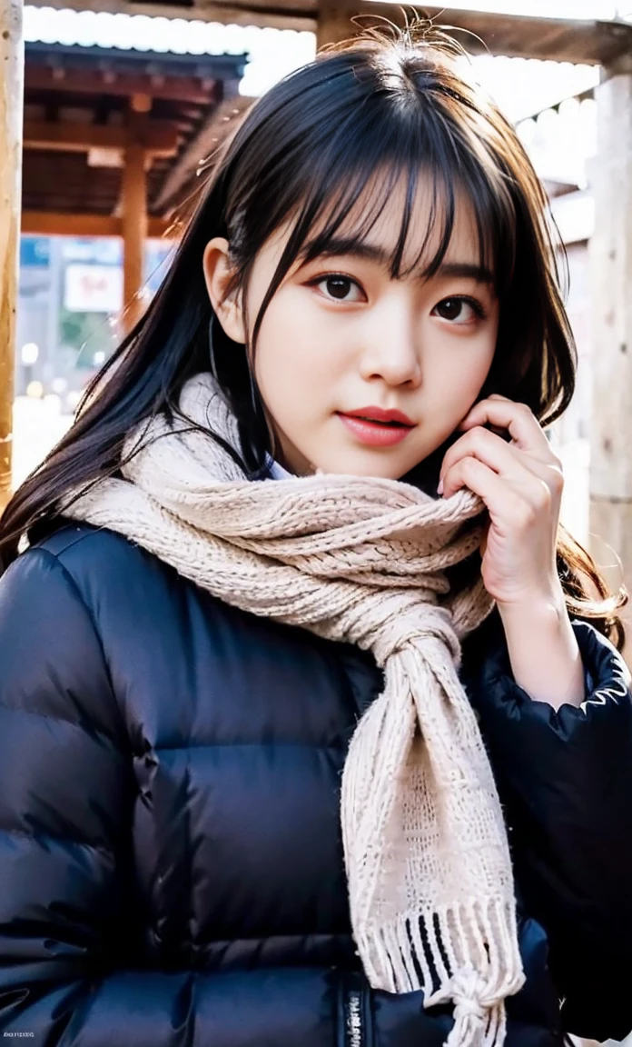 ulzzang -6500-v1.1, (Raw foto:1.2), (Photorealsitic:1.4), a beautiful detailed girl, extremely detailed eye and face, beatiful detailed eyes, Ridiculous, unbelievable Ridiculous, huge filesize, ultra-detailliert, hight resolution, ighly detailed, top-quality, masterpiece, Kemomimi, ((bury your face in your scarf)), (((Japan schoolgirl uniform))), ((black puffy down jacket)), illustratio, ighly detailed, nffsw, unification, 8k wallpaper, astonishing, finely detail, masterpiece, top-quality, Highly detailed ticker uniform 8K wallpaper, face lights、Cinematographic lighting、1girl in、sixteen years old、((Fulll body Shot))