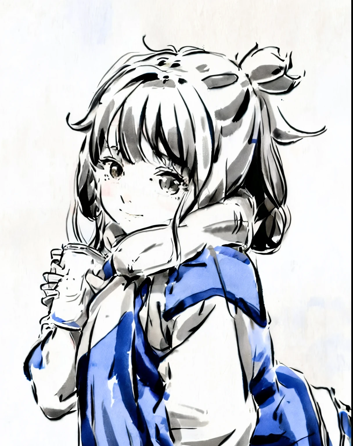 Drawing of girl wearing scarf on head, Clean anime silhouette, Anime style painting, anime girls drink Energy drink, comic drawings, Perfect lines, clean linework, Girl manga character design, traditional drawing style, Anime visuals of a cute girl, Line!!, anime sketch, up of young anime girl, Bold draft, An anime picture