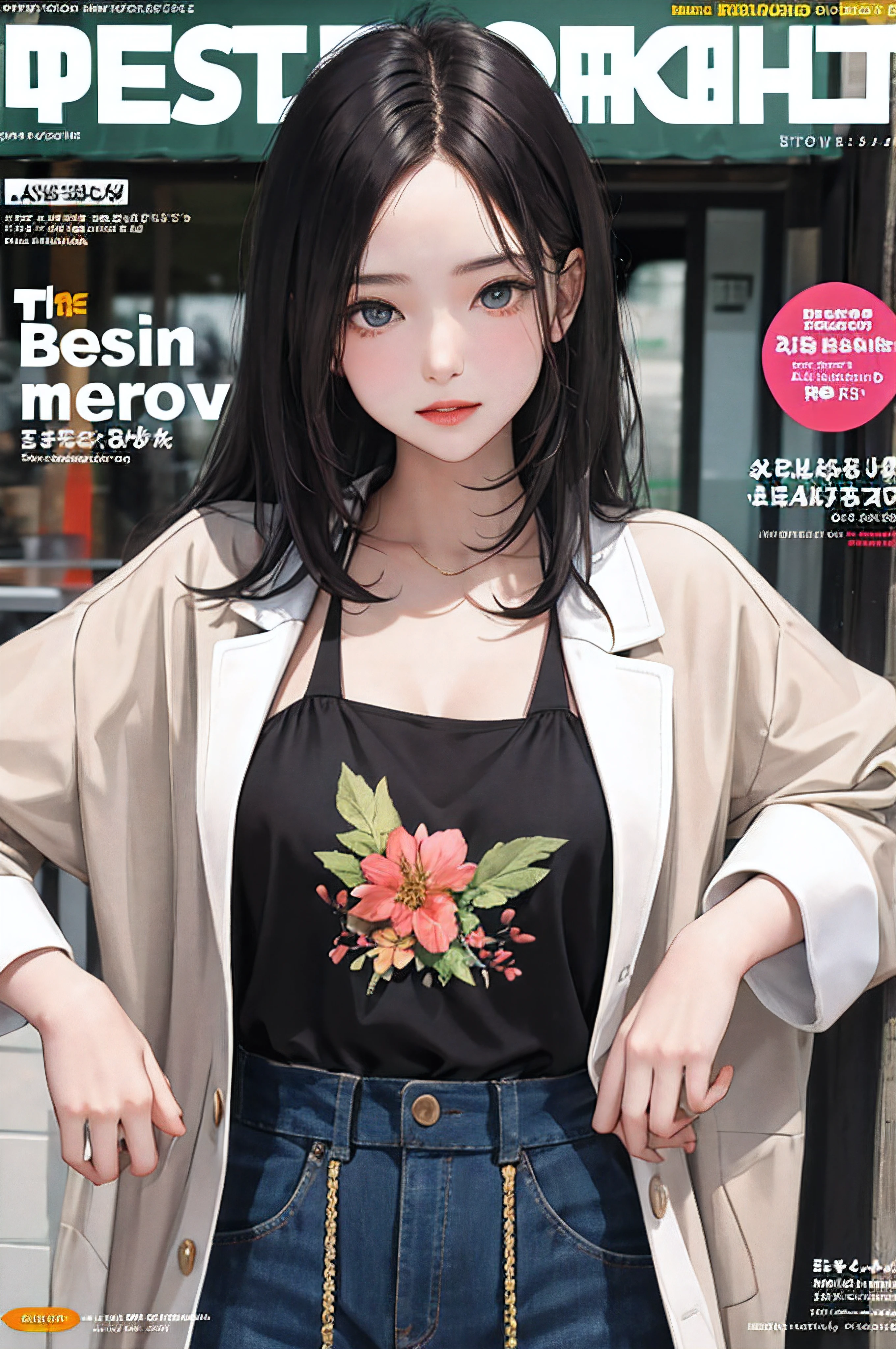 masterpiece, best quality, spring outfit, colorful hair, outdoor, magazine cover ,upper body,