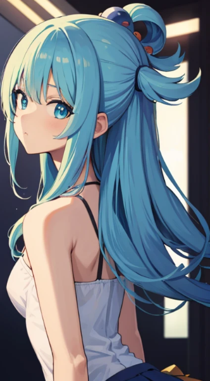 (masutepiece, Best Quality:1.2), Solo, 1girl in, , Looking at Viewer,hair rings, She wears a light blue long skirt and a dressig straw hat.,aqua, aqua eyes, aqua hair, hair bobbles, Hair Ornament, Long hair