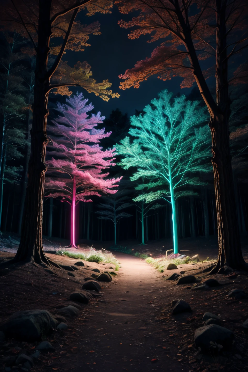 Magical flowers in a forest, starlight, neon_outlines