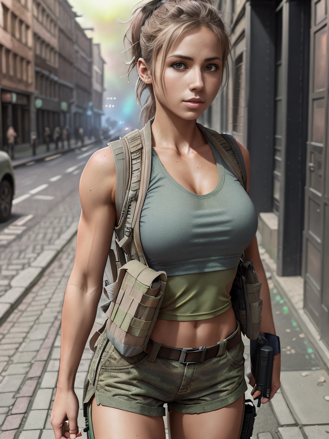 fit girl on the street in a fully packed tactical vest and backpack, epic realistic, photo, faded, complex stuff around, neutral colors, ((((hdr)))), ((((muted colors)))), intricate scene, artstation, intricate details, vignette, heavy military vest:1.2, military shorts, perfect anatomy, tactical vest:1.3, large tactical vest:1.3