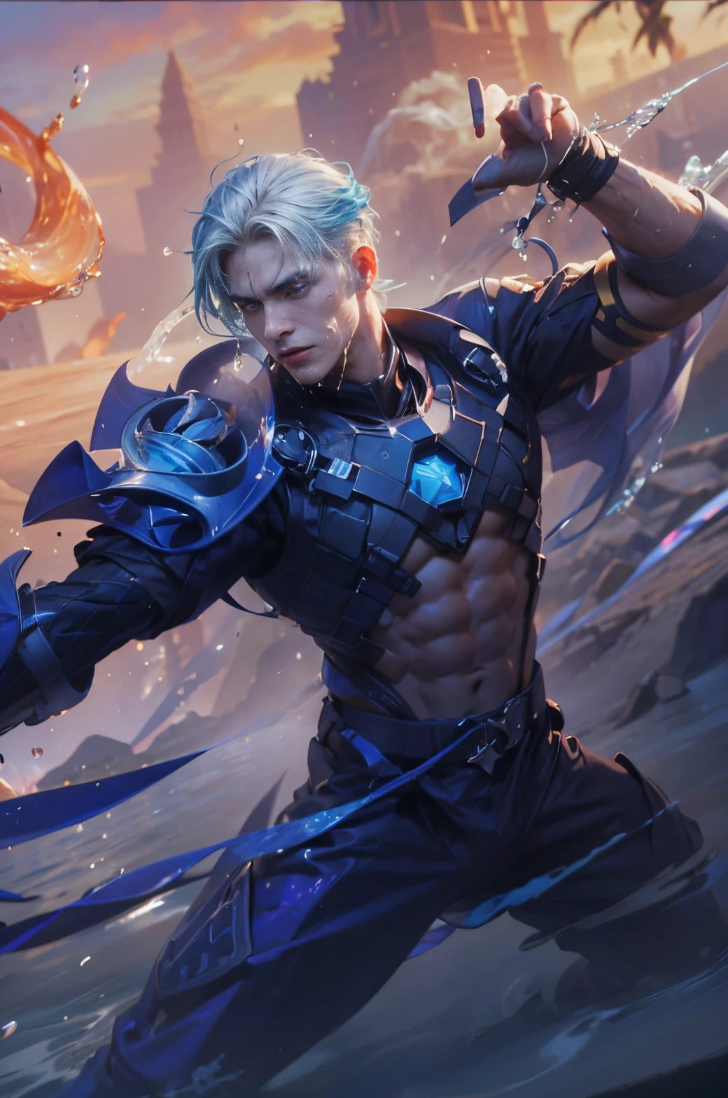 (max resolution: 1.2), (Ultra HDTV: 1.2), 8K resolution, Eye and skin details, face details, , (Sharp focus: 1, 2), (Precise focuacial expressions: 1,2), 1 boy, Various poses, Red face,I have green eyes, (shy), 20-25 years old, (Short Hair Milky blue hair), (Naked), Shirtless, Perfect muscles, 8 packs , (light sweat, white fluid, splashing all over the body), (Black brieflue sky, Trees, Implants, ((Little drops of water on 8-pack abs)), (((water, water ))), splashed all over my face, splashed all over my abs, splashed all over my body, my face turned red with embarrassment. ((There a faint word Ngyune in the corner of the photo)),Blue sky, white clouds, light sunshine, beach background, (with hair), showing off hair, Wearing underwear, straight (detail), ((super detail photo )))), leaking, Object standing straight and erect, white fluid splashing all over the body, body drenched in white, erect (large erect ), details, head details and shaft details,Handsome face,The under the military (black striped) erect,The leaking,( details) details of the head and body of the, under pants erect, erect,( details), details, Brown shorts, bold print in the middle of the shorts,Everything is perfect
