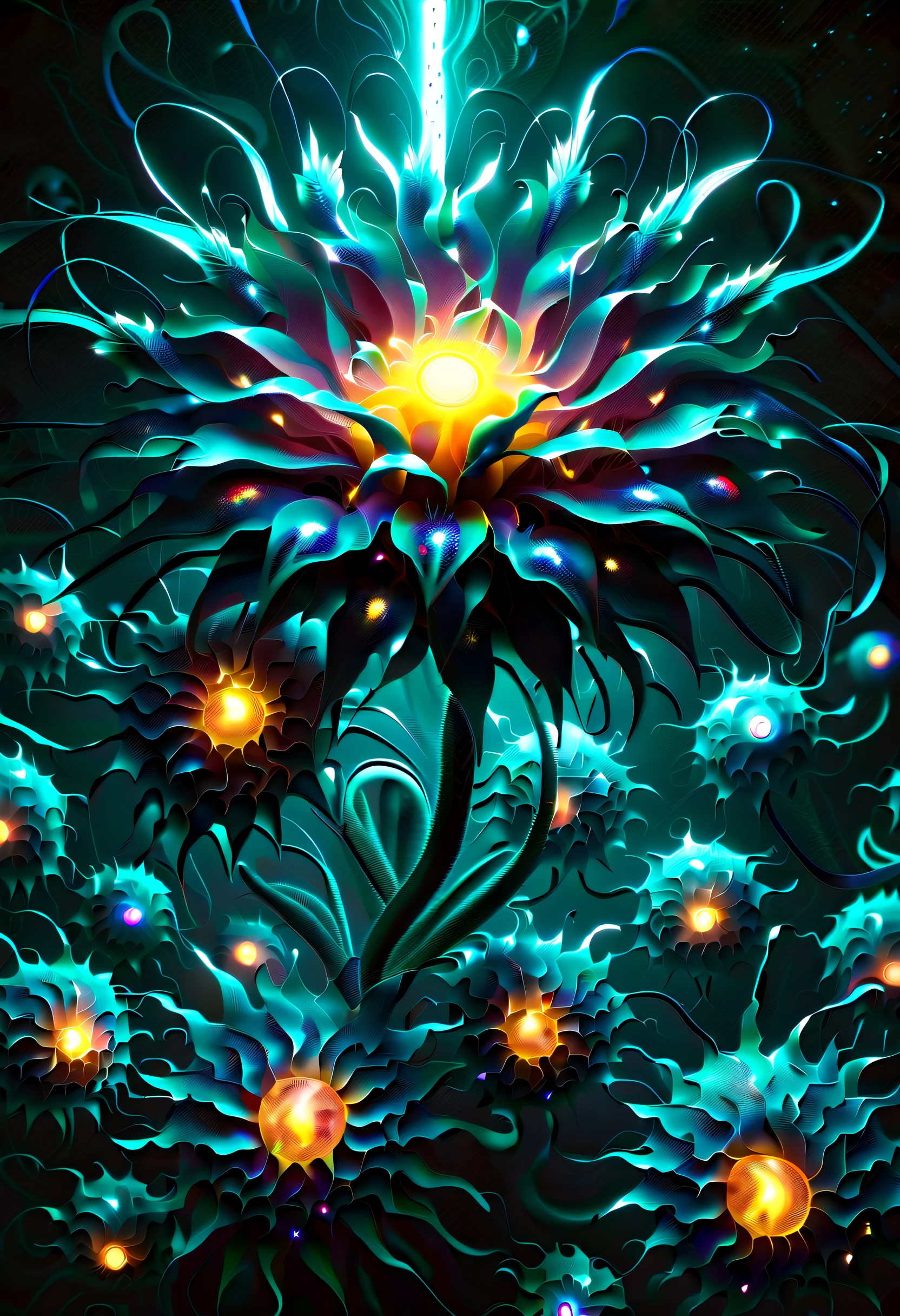 Gregorian flower through the darkness, A dream sprinkled with dark fantasy, blow wild, wilderness of death, There will always be, Sharpen, spread the thread of , Judgment Day, Unparalleled clarity, Succulent neon glow garden, virtuous, Glorious, powerful touch, Pulsating energy, Surrounded by a complex and solemn atmosphere, The essence of beauty: complexity and complexity. This is a detailed digital painting that is nothing short of extraordinary, Every stroke captures the essence of absurdity and complexity, The rich colors are rich and vivid.、Evoking a sense of luxury and sophistication。, An intricate web of elements from the smallest shadow to the most absurd and surreal, Adds a touch of class to this already stunning piece, strength, Beautifully abstract and trippy swirling colors and pattern formations emerge, Visual intensity, Cool tones, Anglo-Gothic landscape, Tentacle-like appendages extend gracefully, Reminiscent of highly detailed digital artwork,