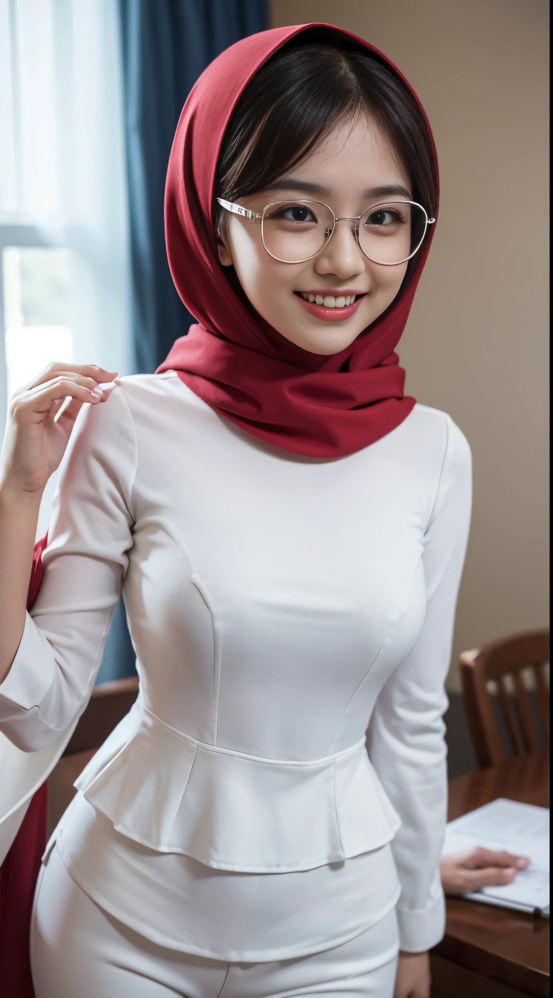 Cute malay girl in long red hijab wearing white peplum shirt and white pants in shy pose in ballroom hall, wear big round glasses, nerd, big smile, laughing, happy, big front teeth, bright lighting, cute face, 35mm lens, Extreme close-up, pastel color grading, depth of field cinematography effect, romantic film genre, 8k resolution, high quality, ultra detail,