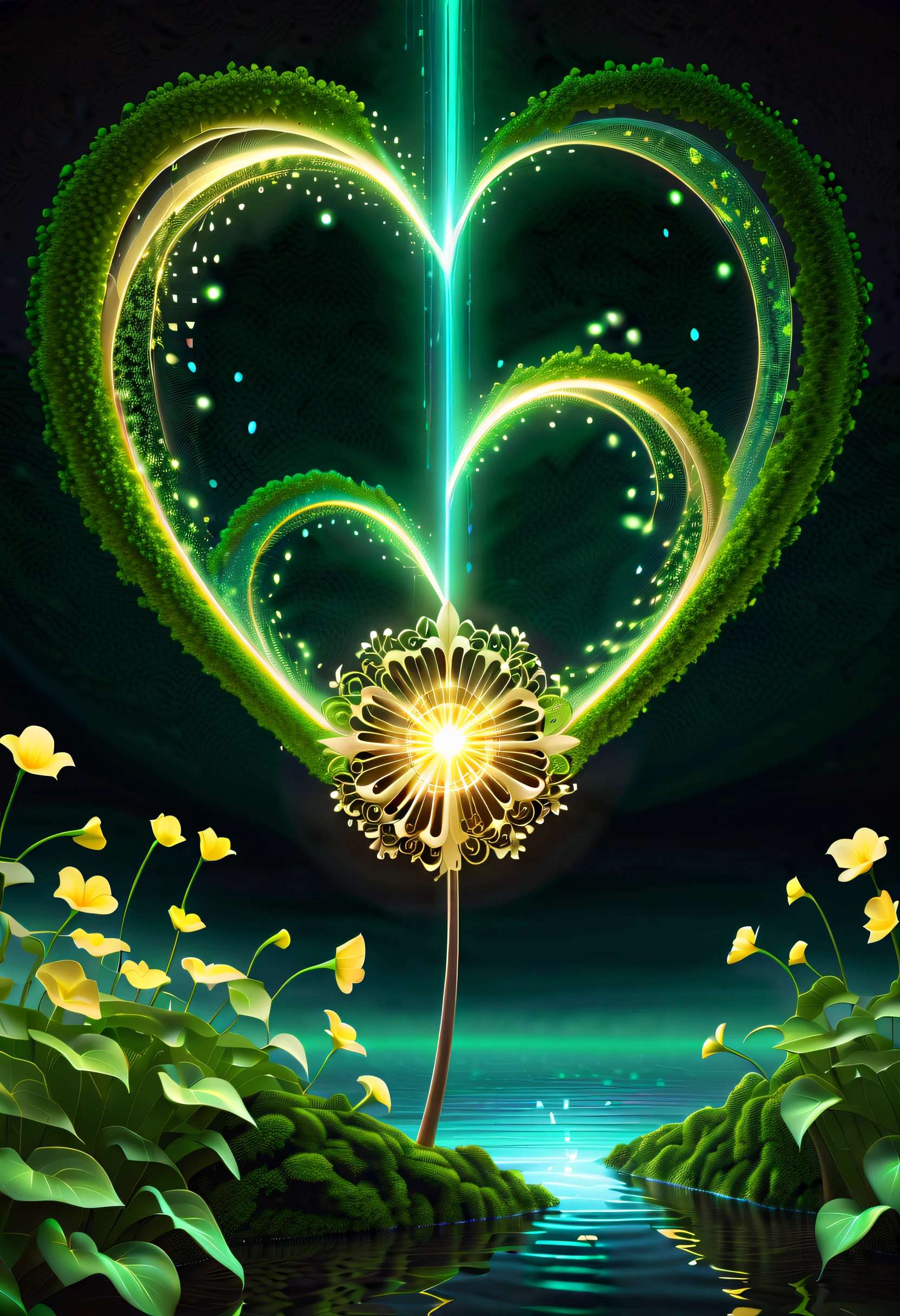 A faintly glowing neuron firing plant runs through the vines in a yelloreen breeze., elegant and elegant explosion background, Tonal contrast, High resolution, A touch of intricate detail, very intricate details, Beautiful lake, beautiful detail paint, flower shine, ephemeral wood magic, magical fantasy flowers, Beautiful detail glow, Beautiful long messy hairy glitter, look up sky, disappearing contrail, glowing hearts, where the soul returns, heaven and nightmare, hope dream water surface, windmill blades, bloom、Insane details of dancing petals background, Beauty like dark fantasy, intricate detailes, High contrast, insane touch, Cinematic lighting, Stunningly detailed 32k rendering, decorative lights, elegant and elegant explosion background, Tonal contrast, High resolution, A touch of intricate detail, very intricate details, superfine illustration, Ambient lighting, Stunning beauty holographic 32K rendering, superfine illustration, Ambient lighting, Unparalleled sharpness and clarity, (((Radiosity rendered in stunning 32K resolution:1.3))), All captured with sharp focus, Highest Quality, hightquality,