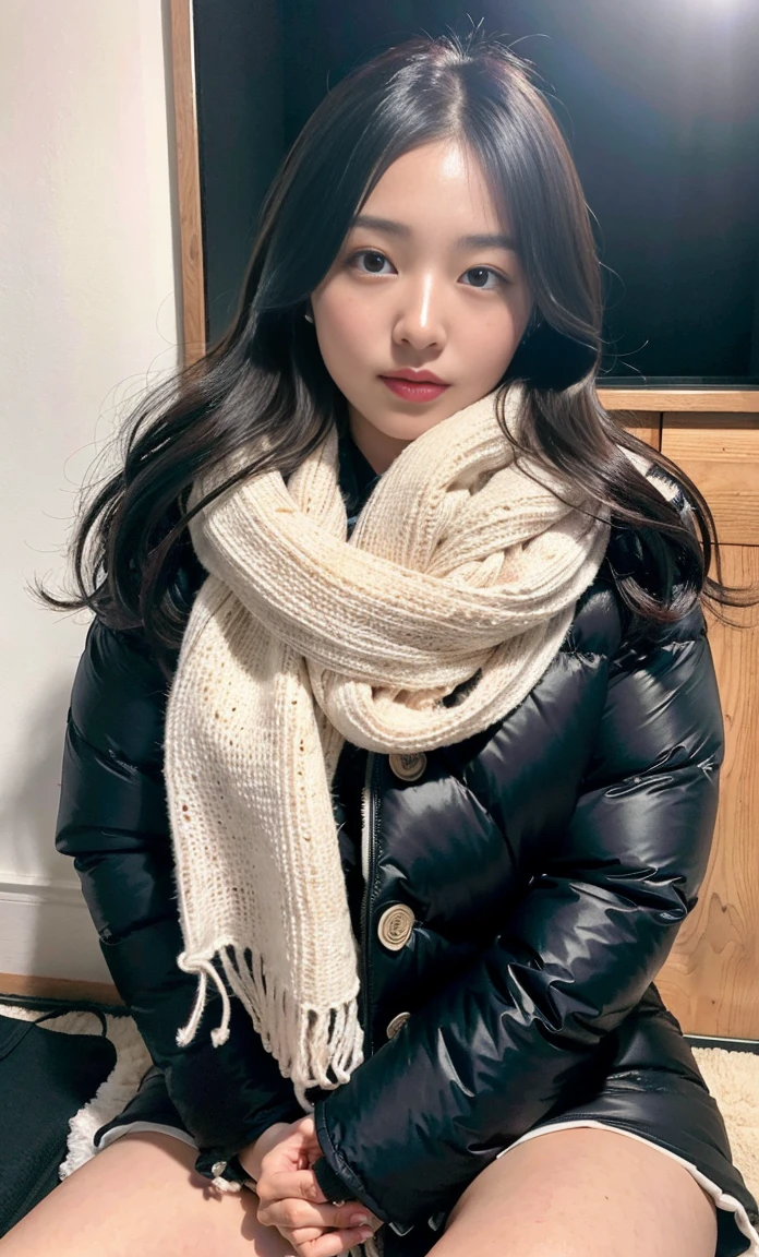 ulzzang -6500-v1.1, (Raw foto:1.2), (Photorealsitic:1.4), a beautiful detailed girl, extremely detailed eye and face, beatiful detailed eyes, Ridiculous, unbelievable Ridiculous, huge filesize, ultra-detailliert, hight resolution, ighly detailed, top-quality, ​masterpiece, Kemomimi, ((wearing a white scarf around his neck)), ((black puffy down jacket)), (((Japan schoolgirl uniform))), illustratio, ighly detailed, nffsw, unification, 8k wallpaper, astonishing, finely detail, ​masterpiece, top-quality, Highly detailed ticker uniform 8K wallpaper, face lights、Cinematographic lighting、((4-girls))、sixteen years old、(witheout panties)、((dynamicposes)))、(camel's toe)、(half)、(Crooked knees and legs sitting)),