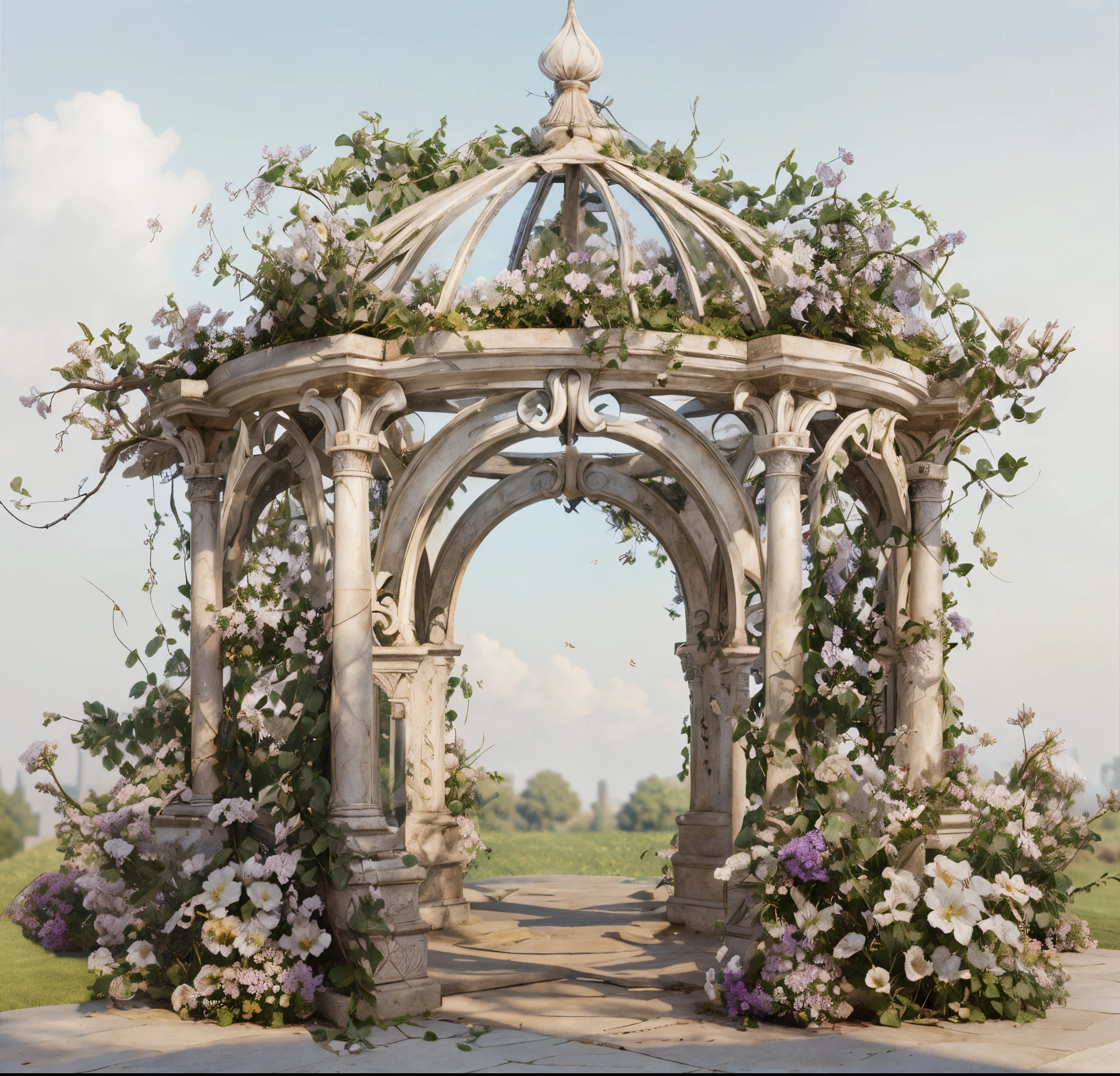 There is a gazebo,full of flowers and vines, royal garden background, beautiful render of a fairytale, , beautiful high resolution, Garden background, dreamy and detailed, Detailed landscapes, background artwork, high detal), well rendered, floral environment, pillar, Beautiful image, realistic garden, gazebo, arbor