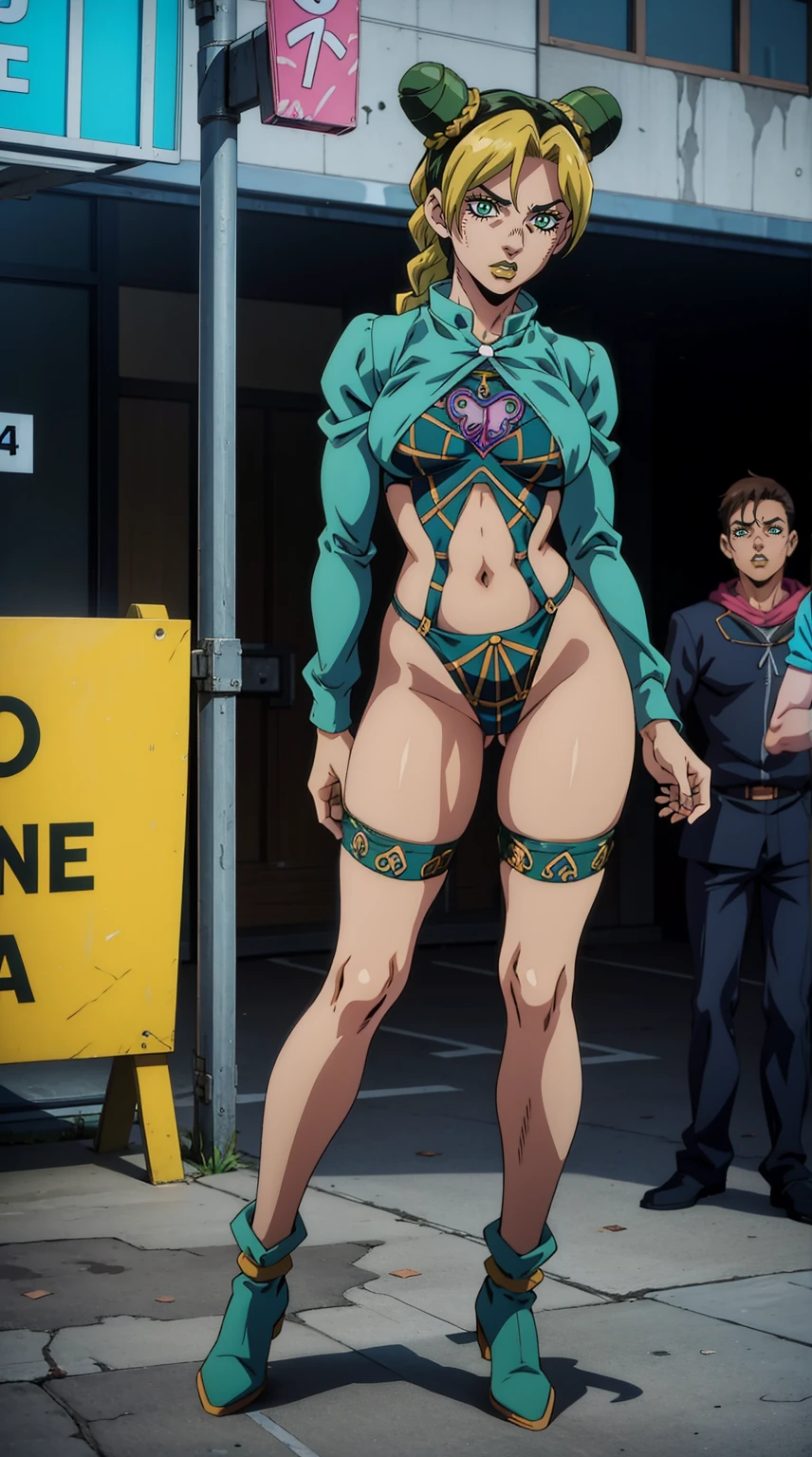 Jolyne Anime, wearing crazy transparent sexy outfit, silk outfit, lace outfit, lashed, bizarre outfit, see through outfit, wide hips, standing on the street, crowd of people,