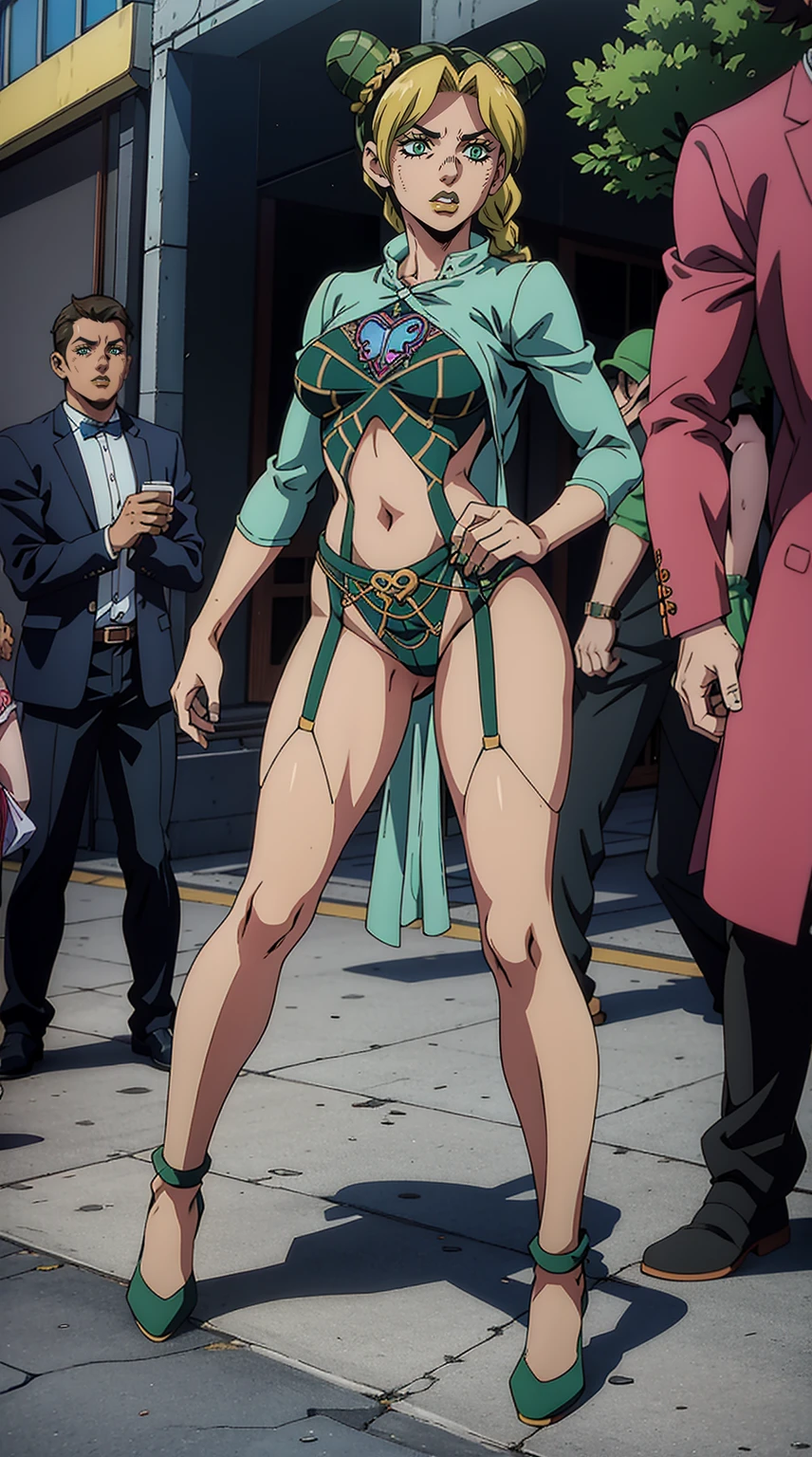 Jolyne Anime, wearing crazy transparent sexy outfit, silk outfit, lace outfit, lashed, bizarre outfit, see through outfit, wide hips, standing on the street, crowd of people,