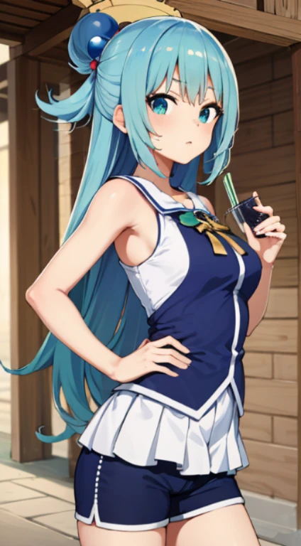 (masutepiece, Best Quality:1.2), Solo, 1girl in, , Looking at Viewer,hair rings,White sleeveless,shortpants ,I am wearing a large straw hat..,aqua, aqua eyes, aqua hair, hair bobbles, Hair Ornament, Long hair,Mare