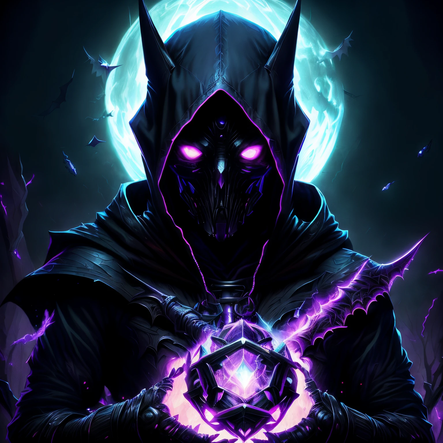 a close up of a mysterious entity usung magic to ceeate a purple crystal energy blade, dark cloaked mage, dark hooded wraith, arcane art style, portrait of a vigilante of the night from the 90s, nocturne from league of legends, mysterious mage of the night, painted in the style arcane, robotic vampire with a crown and mask, purple spectral wings