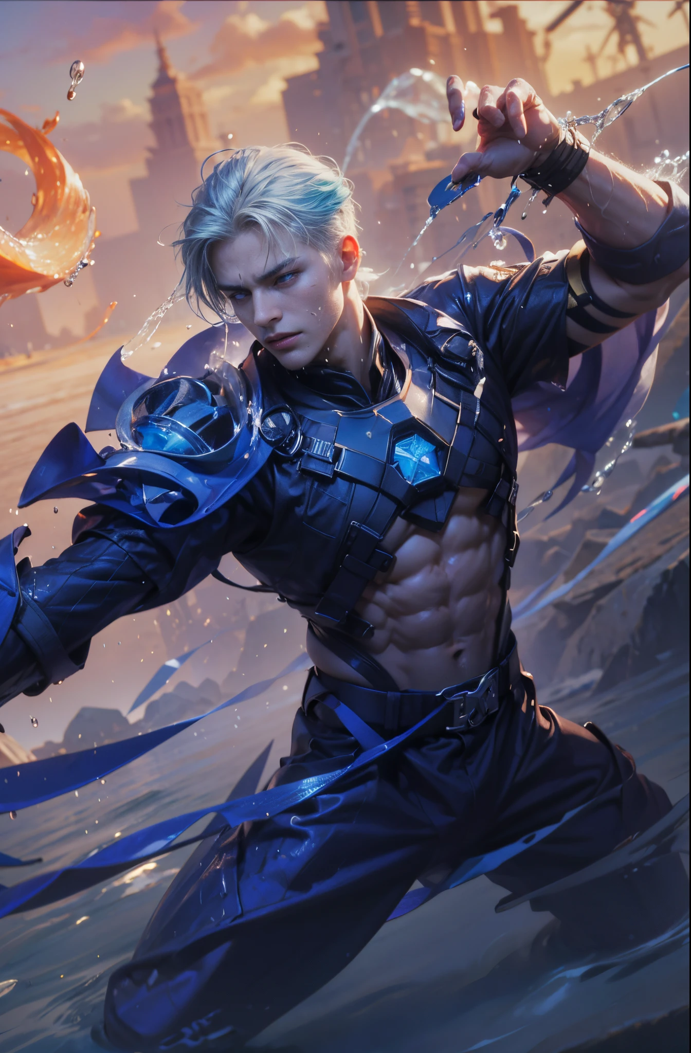 (max resolution: 1.2), (Ultra HDTV: 1.2), 8K resolution, Eye and skin details, face details, , (Sharp focus: 1, 2), (Precise focuacial expressions: 1,2), 1 boy, Various poses, Red face,I have green eyes, (shy), 20-25 years old, (Short Hair Milky blue hair), (?????), Shirtless, Perfect muscles, 8 packs , (light sweat, white fluid, splashing all over the body), (Black brieflue sky, Trees, Implants, ((Little drops of water on 8-pack abs)), (((water, water ))), splashed all over my face, splashed all over my abs, splashed all over my body, my face turned red with embarrassment. ((There a faint word Ngyune in the corner of the photo)),Blue sky, white clouds, light sunshine, beach background, (with hair), showing off hair, Wearing underwear, straight (detail), ((super detail photo )))), leaking, Object standing straight and erect, white fluid splashing all over the body, body drenched in white, ????? (large erect ), details, head details and shaft details,Handsome face,The under the military (black striped) ?????,The leaking,( details) details of the head and body of the, under pants ?????, ?????,( details), details, Brown shorts, bold print in the middle of the shorts,Everything is perfect