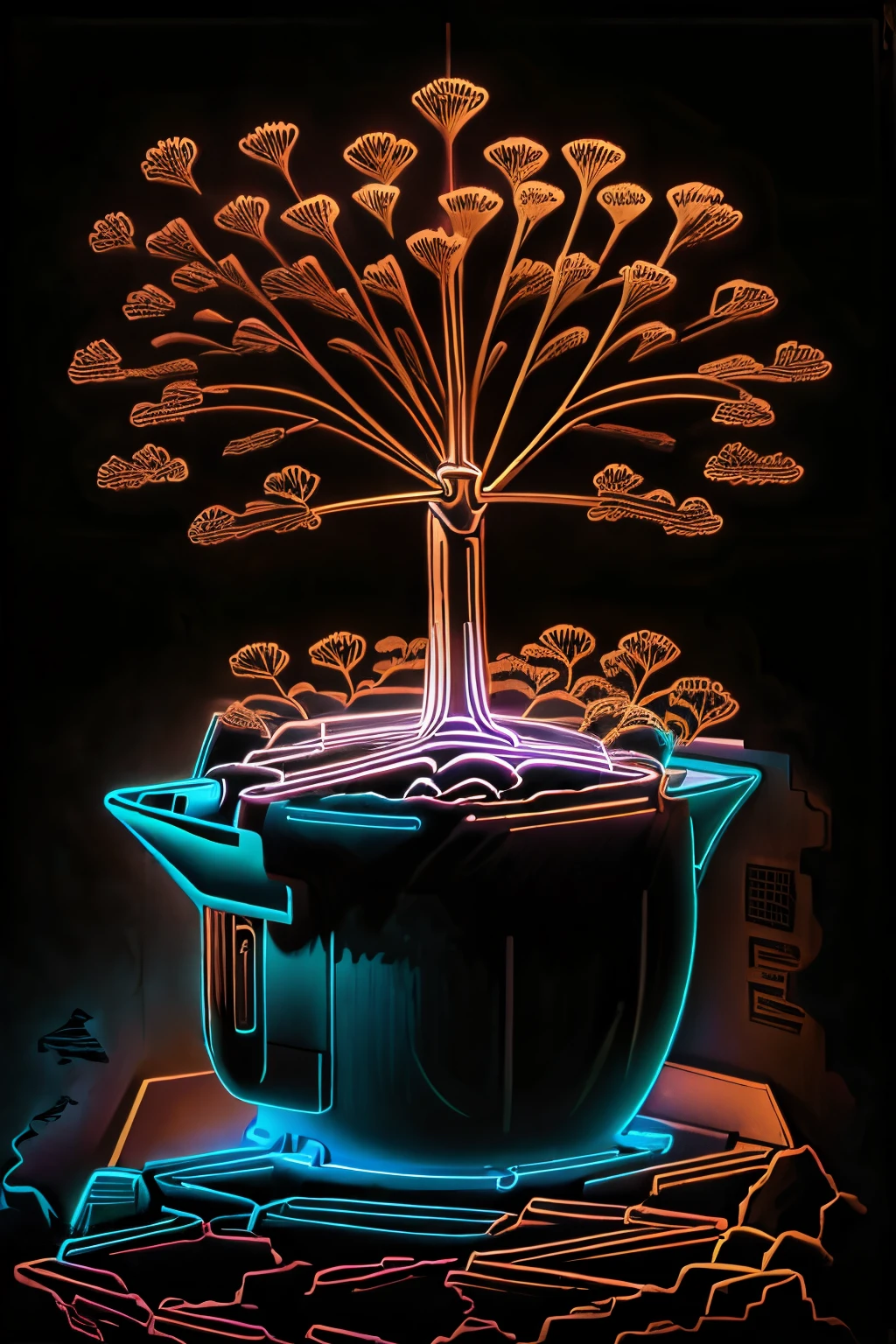 Magical flowers in a pot, starlight, neon_outlines