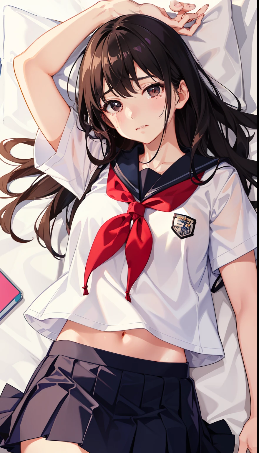 1girl in、face that seems to cry、The shirt、skirt by the、（small tits）Take it off、Japan High School Student Uniform、serafuku、summer clothing、校服、（All Nude）、Upper body portrait、Sleeping in large letters、I'm asleep、