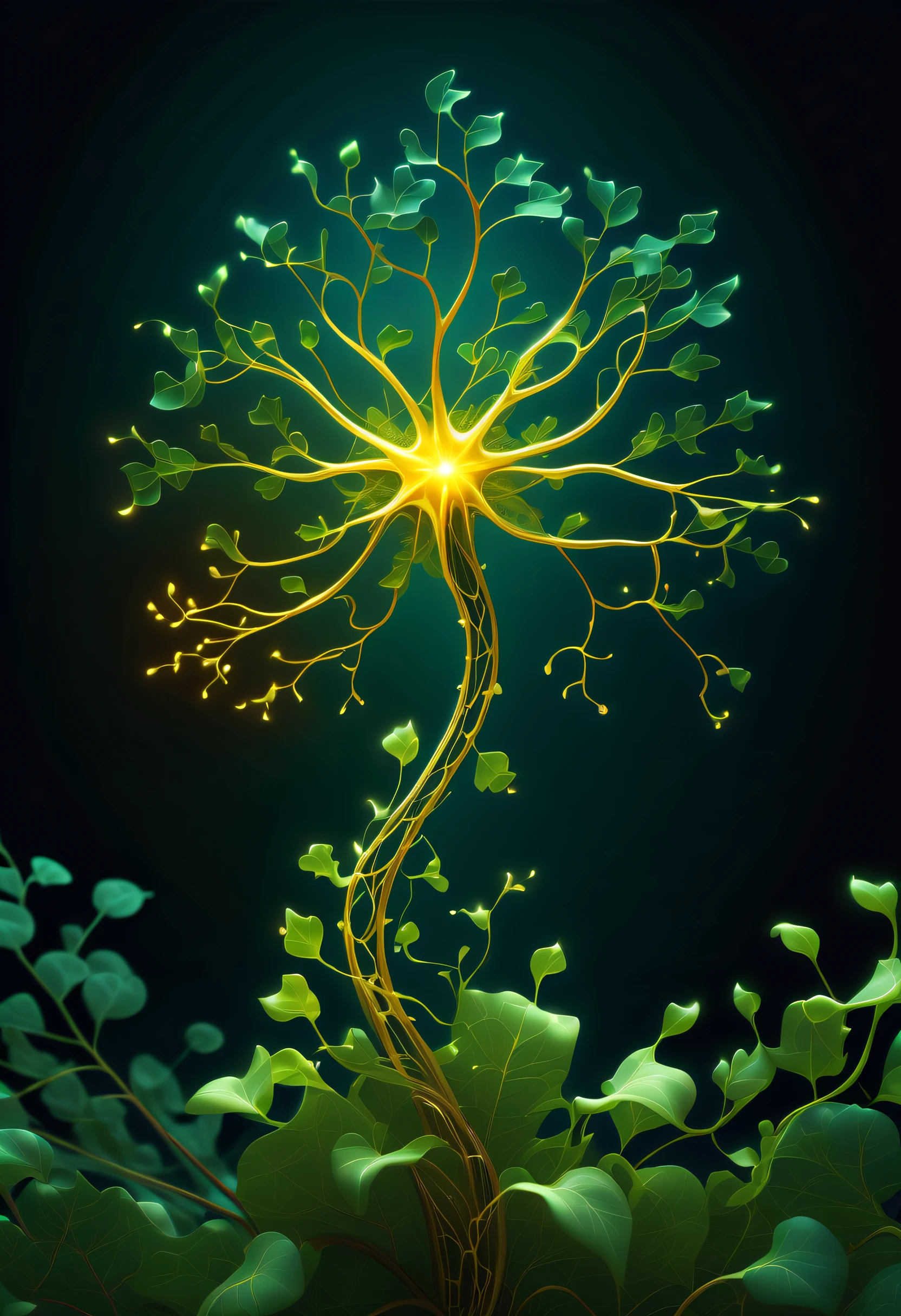 A faintly glowing neuron firing plant runs its vines in a yelloreen wind., elegant and elegant explosion background, Tonal contrast, High resolution, A touch of intricate detail, very intricate details, superfine illustration, Ambient lighting, Stunning beauty holographic 32K rendering,