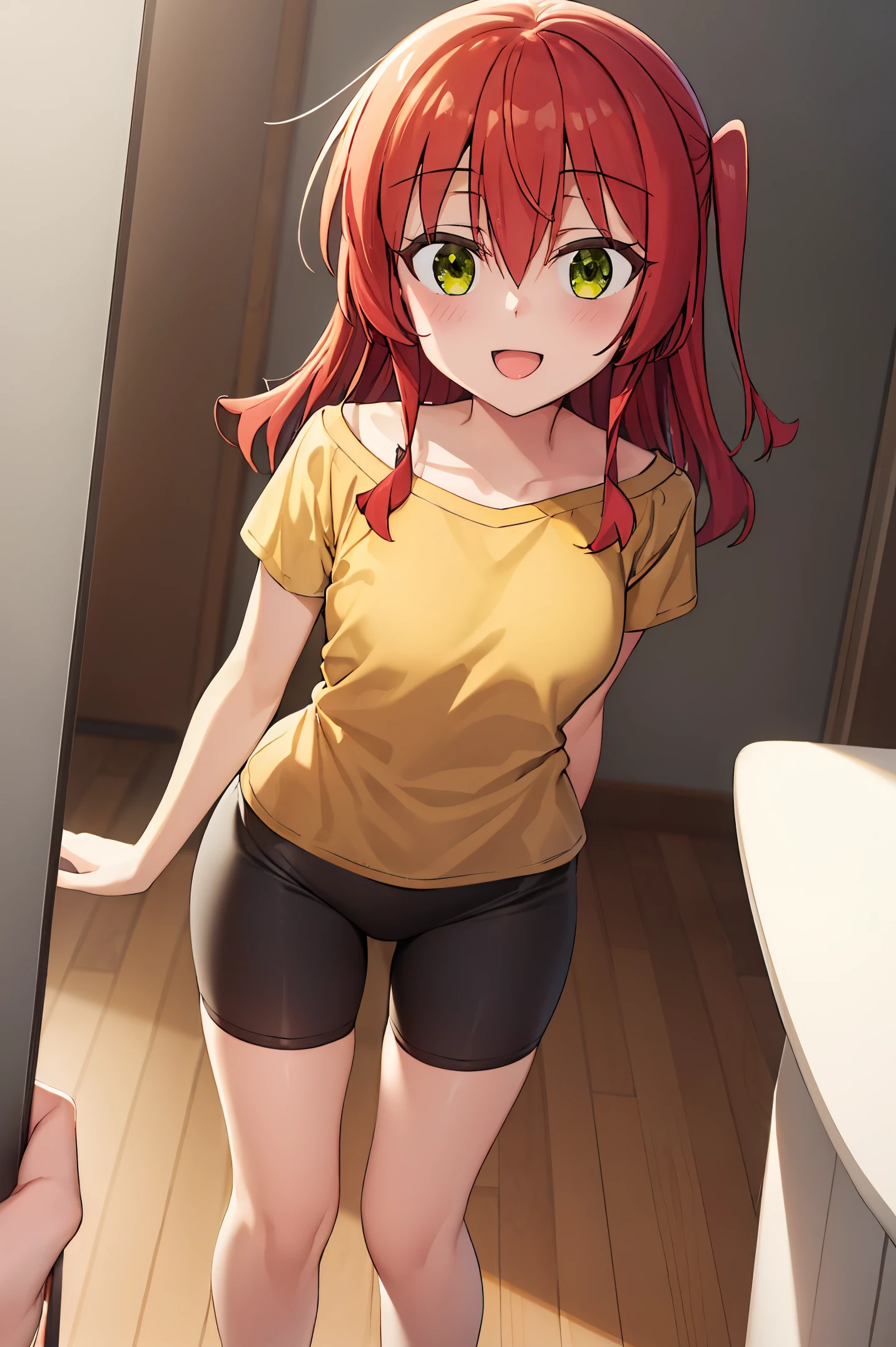Room, 1 girl, best quality, ultra high res, long hair, red hair, green eyes, yellow shirt, short sleeves, bike shorts, looking at viewers, small breast, standing, pov, slim body, loli body, small body, smile, open mouth, removed panties,