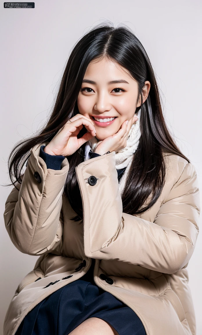 ulzzang -6500-v1.1, (Raw foto:1.2), (Photorealsitic:1.4), a beautiful detailed girl, extremely detailed eye and face, beatiful detailed eyes, Ridiculous, unbelievable Ridiculous, huge filesize, ultra-detailliert, hight resolution, ighly detailed, top-quality, masterpiece, Kemomimi, ((Bury your face in a white scarf)), ((black puffy down jacket)), (((Japan schoolgirl uniform))), illustratio, ighly detailed, nffsw, unification, 8k wallpaper, astonishing, finely detail, masterpiece, top-quality, Highly detailed ticker uniform 8K wallpaper, face lights、Cinematographic lighting、((4-girls))、sixteen years old、(witheout panties)、((dynamicposes)))、(camel's toe)、(half)、(Crooked knees and legs sitting)), ((a smile))