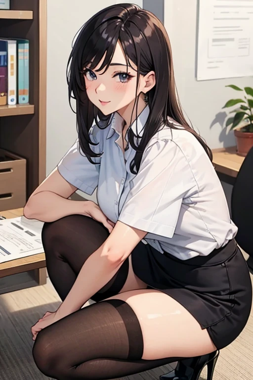 Beautiful Mature Woman、s Office、Officelady、Black stockings、crouching down、one leg attached
