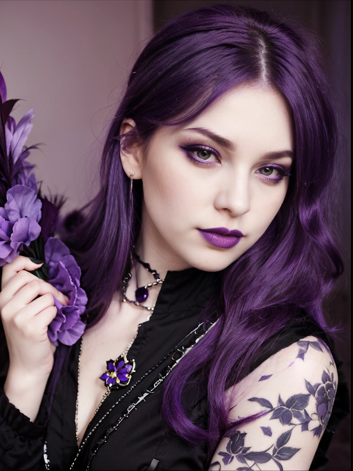 a close up of a woman with purple hair, pale skin, wearing purple lipstick, purple lips, wearing blush makeup, goth girl, emo girl, black clothing,