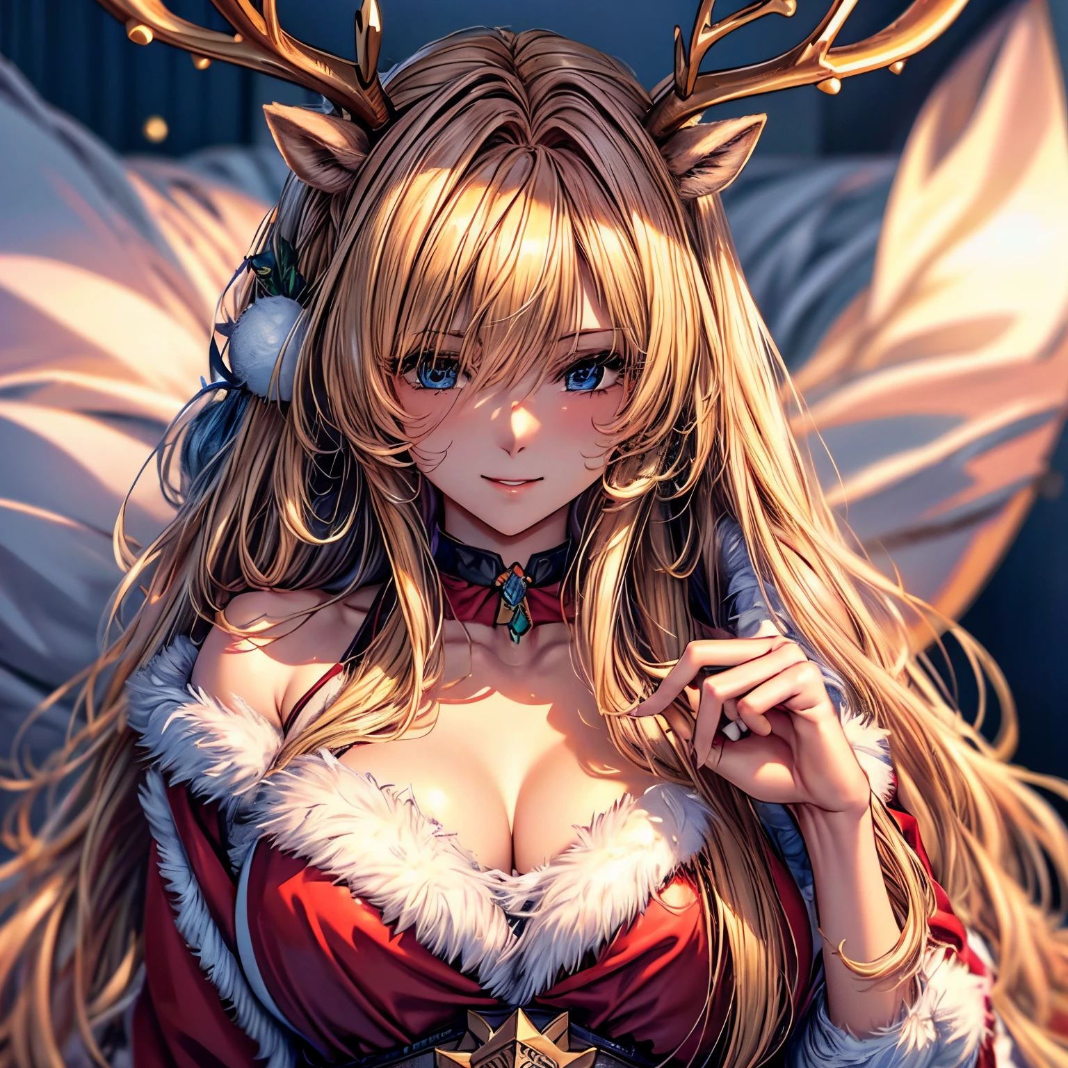 top-quality、tmasterpiece、Very high resolution、super high image quality、High-quality pixels)、perfect eyes, perfect face, solo,8K, large breast,(Detailed description of hair), (Detailed description of face),(Detailed description of body), fair and clear skin, matchless beauty, long legged, Long blonde curly hair details expressed, The details have been upgraded,reindeer horns,reindeer ears,opaque blue eyeball color,smile like a girlfriend, perfect body,winter,model posture,cowboy shot,santa claus outfit,Christmas tree decoration,on the bed,santa claus lingerie,romantic atmosphere