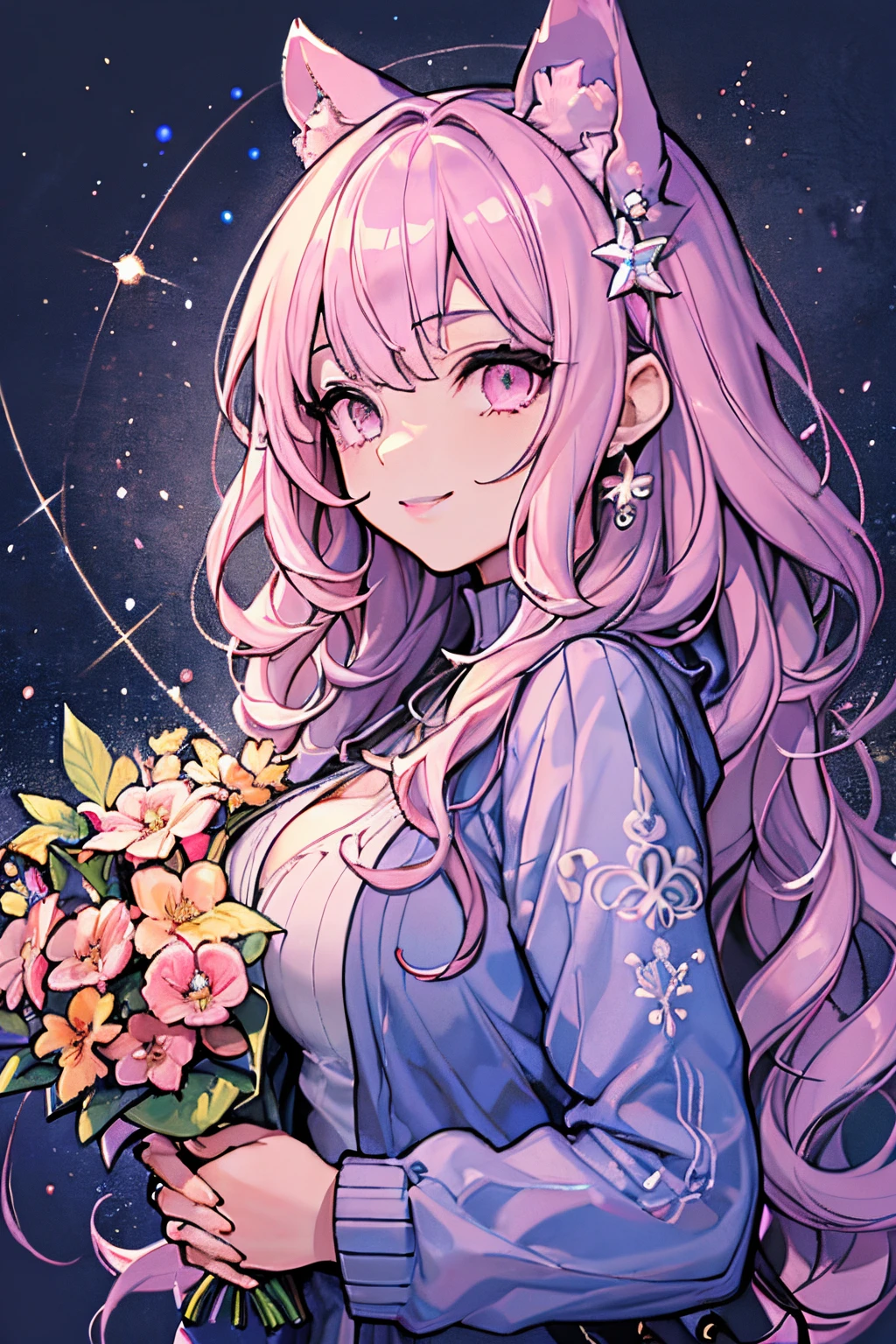 Cute  s, sparkly eyes, False lashes, Pink lips, A smile, large full breasts, Cute casual outfit, Thumb and four fingers, Anatomically correct fingers, detail portrayal, colourfull, holding the bouquet with both hands, kirakira,