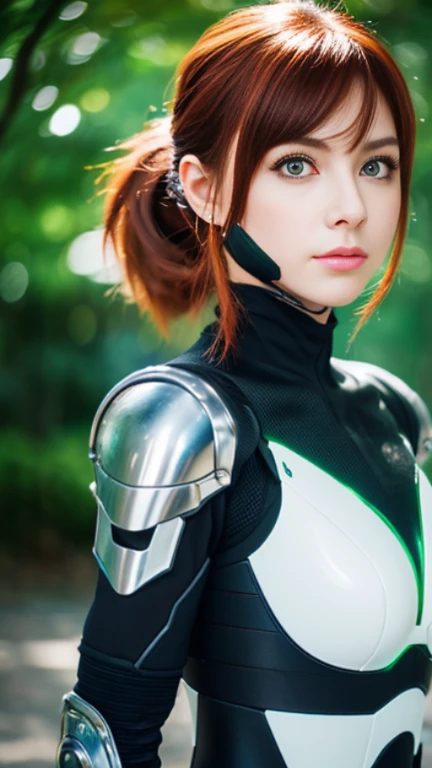 cyberpunked、mechanical suit、redhair、Green eyes、poneyTail,((top-quality、8K、​masterpiece:1.3))、Crisp focus:1.2、(layers-Cut),Beautiful woman with perfect body shape:1.4、Highly detailed facial and skin texture、A detailed eye、二重まぶた,