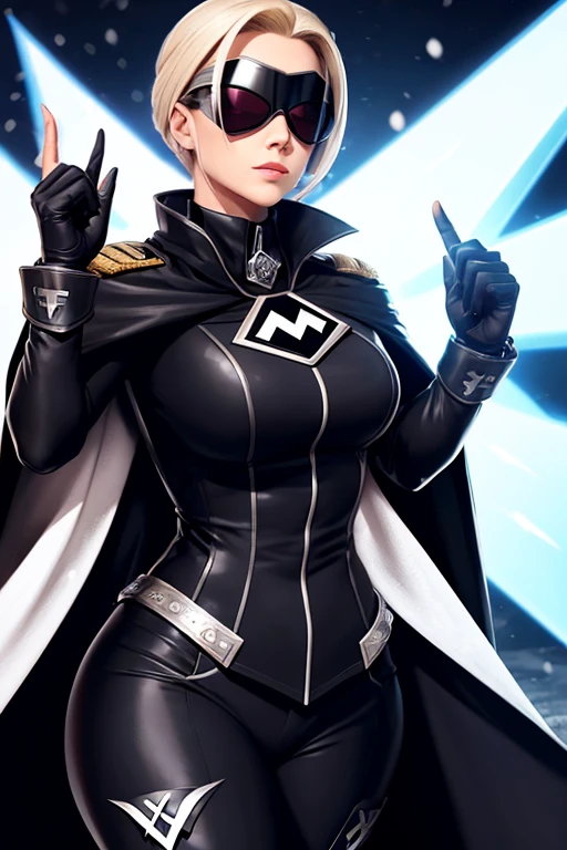 female supervillain, general nazi woman with cape, sunglasses, face detailed, using power of ice, diamond power, snow power, style nazi with cape, beautiful, sexy, curvys