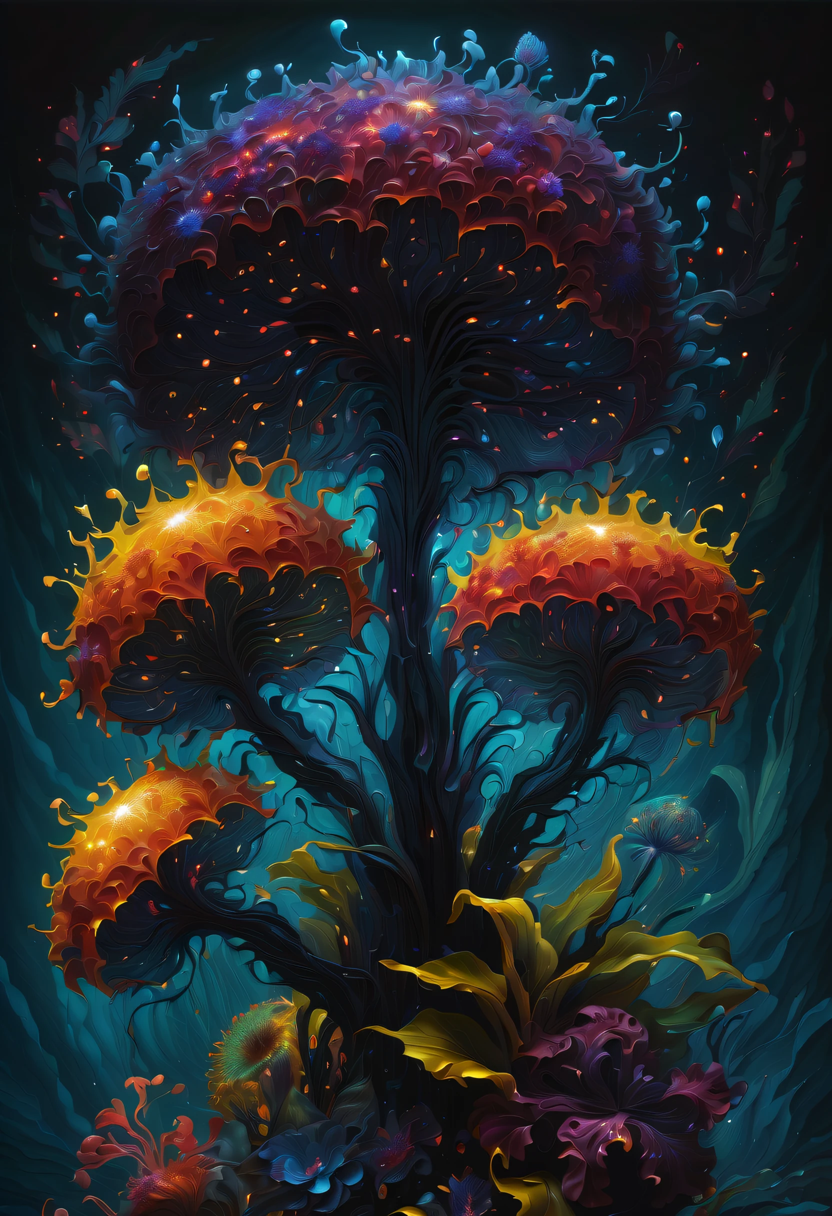 epicd, divine, dark fantasy plants, beauty glitter neuron fruit, surrounding bioluminescent flowers, wonderful world of darkness, bioluminescent radiation, Many flowers have a vision, vision of much irony, Madness, frenzy, crazy bloom, rapture, brilliance of fanaticism, Oil Painting, Palette knife and brushstroke supplements, Convoluted, mad, radiance of eerie beauty, High contrast, Inspired by the deep sea, dark rich colors, High resolution, Hyper realistic, detailed brushwork, 8K rendering with stunning intricate detail, High quality, of the highest quality, Best Quality, true masterpiece, masterpiece lighting, Cinematic Angle, glass ground,