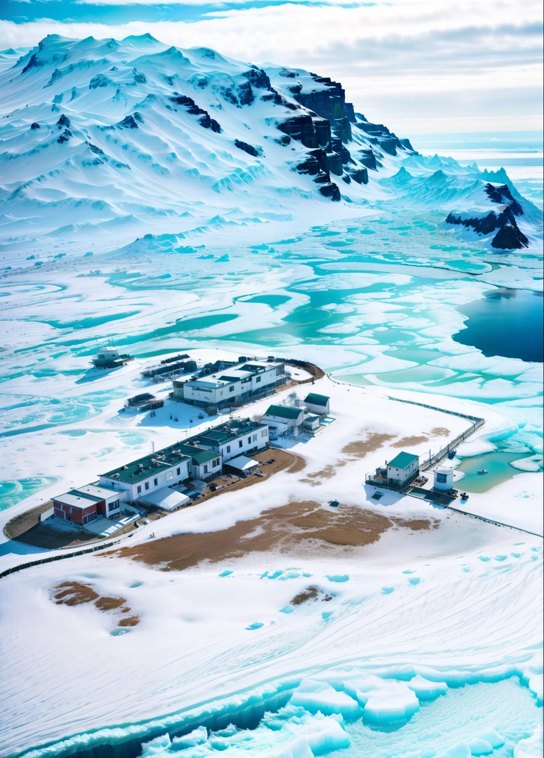 There's a small plane parked above , Research station, The photo shows a large, South Pole, antarctica, Stunning appearance, Extremely quality, Wide-angle panorama, looking partly to the left, High quality images", research outpost, 超高分辨率, seen from straight above, photograph from above, Graeme Base, close up shot from the top