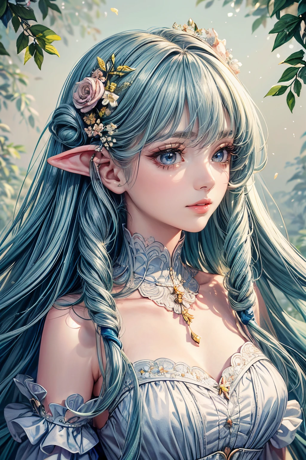 (Best quality at best,8K,CG),detailed upper body,Lonely girl,Floral forest background,detailedfacialfeatures,elegant long curly hair,Large almond-shaped eyes,Detailed eye makeup,Long eyelashes,Twinkling stars,Delicate lip detailing,Soft and harmonious style
