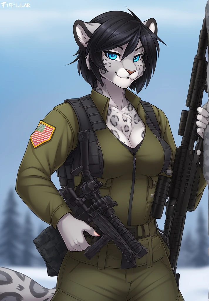 by fluff-kevlar, (best quality, masterpiece:1), solo, anthro, furry, female, ((Snow Leopard)), blue eyes, black hair, short hair, portrait, fingers, finger claws, looking at viewer, snow leopard tail, ((huge tuft of hair on the chest)), ((Military uniform)), ((fully clothed)), ((medium breasts)), (tactical vest), ((holding sniper rifle))