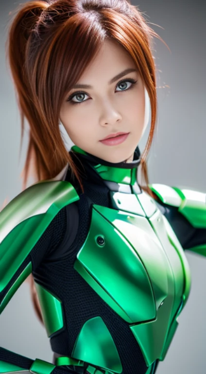 cyberpunked、mechanical suit、redhair、Green eyes、poneyTail,((top-quality、8K、​masterpiece:1.3))、Crisp focus:1.2、(layers-Cut),Beautiful woman with perfect body shape:1.4、Highly detailed facial and skin texture、A detailed eye、二重まぶた,