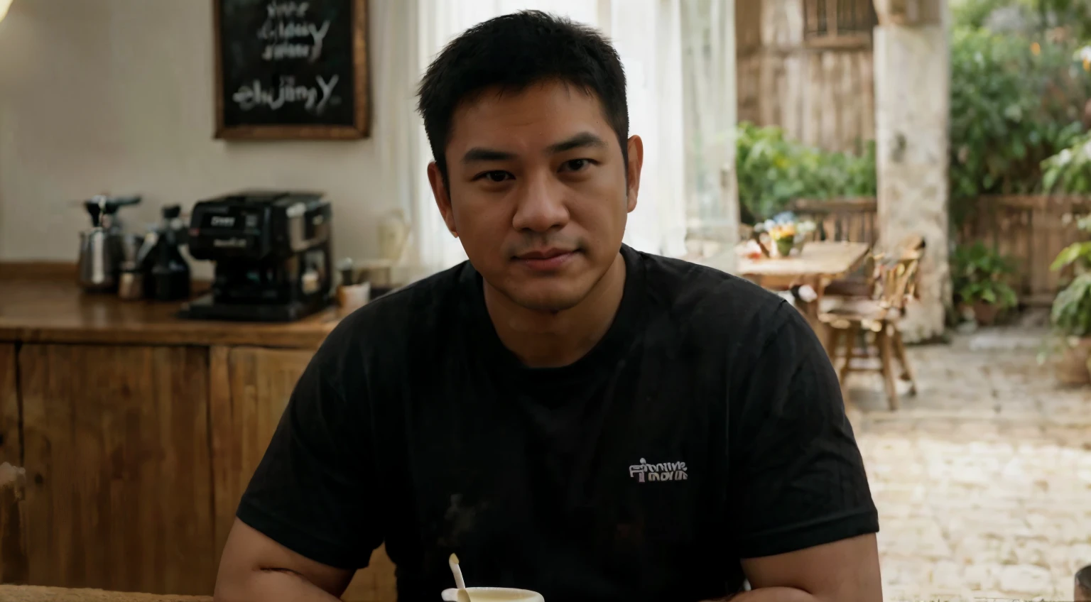 1man,
Up to 30 and.o A chubby middle-aged Thai man wearing a T-shirt. white black shorts, Drink coffee,
gentle lighting,
masterpiece, bestquality, 8k UHD, DSLR, grain of film, Fujifilm XThotorealistic Art drawing by midjourney and greg rutkowski