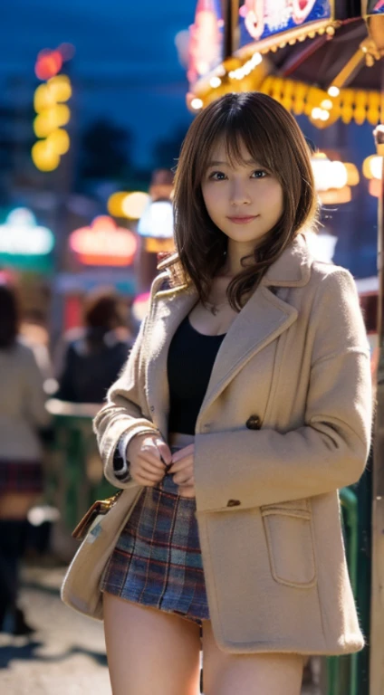 (Photorealistic), (ultra high realistic), (Ultra high definition), (ultra high detailed), (Increase contrast), (Increase saturation), ( girl), (light skinned)A pretty woman with perfect figure, Cute face, Beautiful expression, (Lifelike face), Beautiful hairstyle, Realistic eyes, beautiful detail, (real looking skin), Beautiful skins, enticing, The ultra -The high-definition, A hyper-realistic, Realistic, Very detailed, Japanese, a short bob, bangss, (Wool short coat and knee-high boots、japanese cute idol, Tartan check)((Very short miniskirt)) Gentle smile, Brown hair,、The cleavage looks bold、beutiful breast、thin-waist、big butts、(Night amusement park、Lit up、illuminations)、stas、Happiness、Lots of balloons、the Ferris wheel、merry-go-round、rollercoaster、Elaborate CG 8K wallpapers、dynamic ungle、beautiful lighting、profetional lighting、(foco nítido)