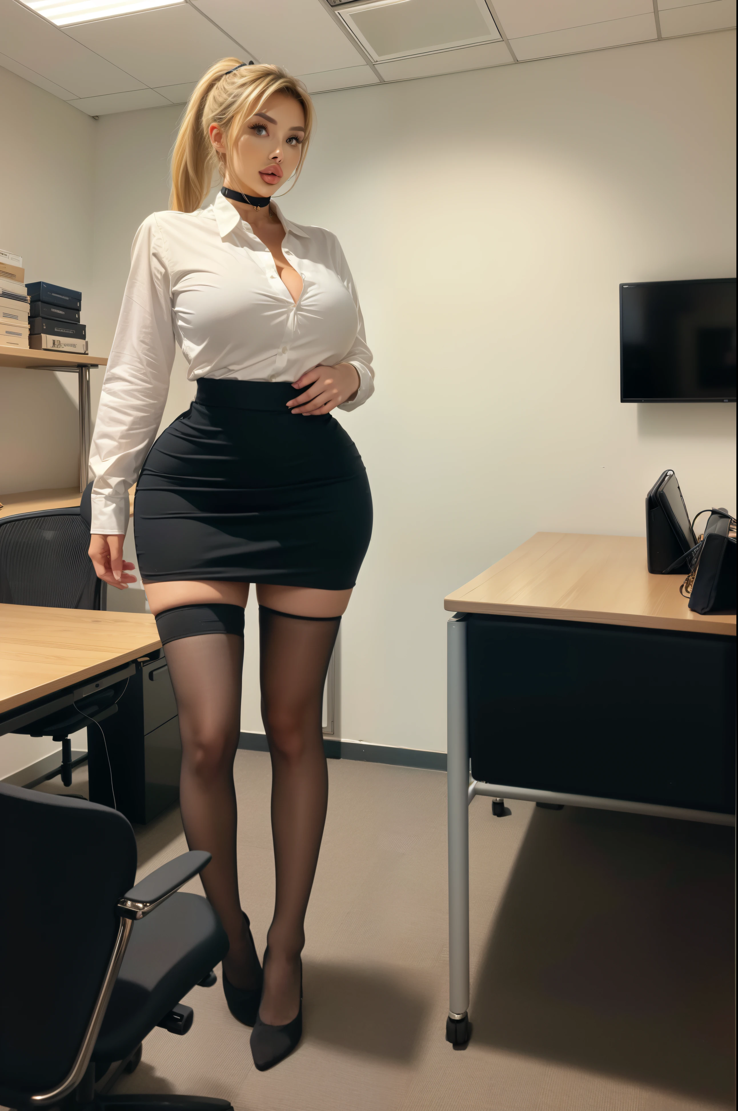 b1mb0 woman, skirt, shirt, stockings, long blonde hair, ponytail, jewelry, choker,
standing in a work office room, full body,
(best quality, detailed, qhd),