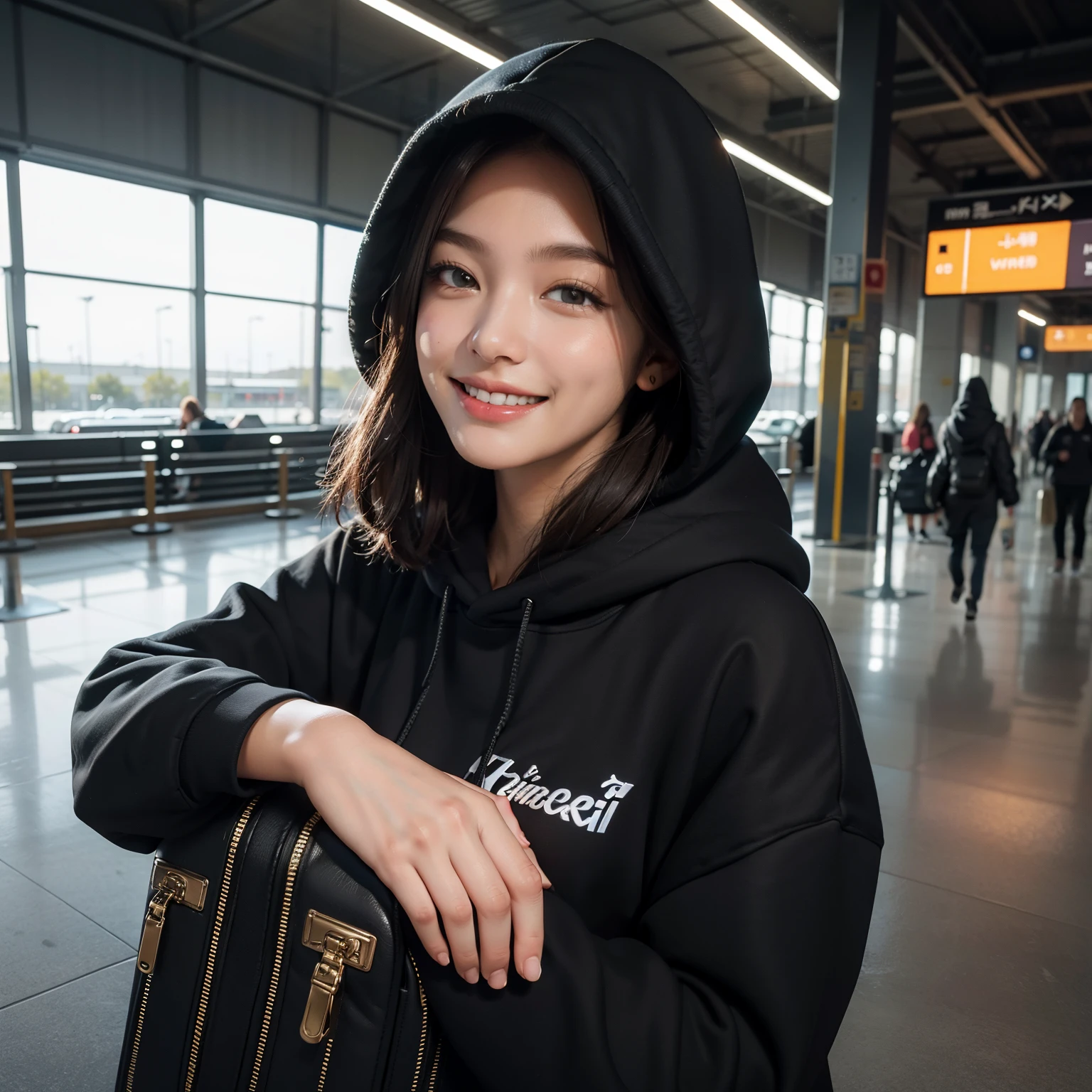 best quality, masterpiece, ultra high res, photorealistic, 1girl, smile, black hoodie, hood up, airport, suitcase