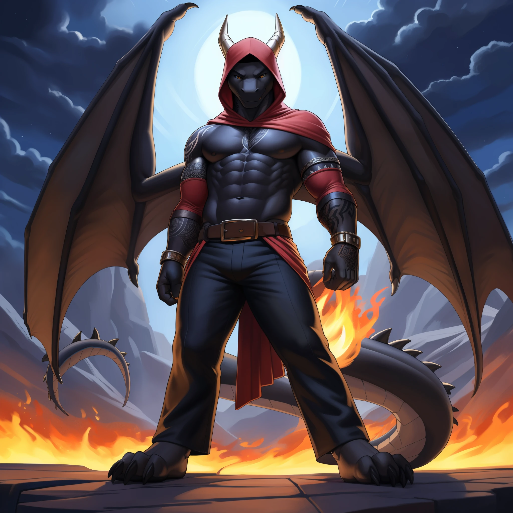 (masterpiece, best quality, high quality, highres:1.4), detailed, extremely detailed, bright lighting, 4K, (by ruaidri), yupa, kiyosan,(by meesh), (by fffffolder)), delga: (slim, athletic, dragon, ((black body)), smooth skin, athletic muscle, anthro legs, ((young)), (dragon feet), (toe claw), black spikes, (detailed eyes), dragon horn, ((dragon tail)), tail attached to waist, 1tail, ((dragon wings)), bare_shoulders, (clothing, handwear:(vambraces), bottomwear:(pants:black, [[leg armor]]))), beautiful, closed_mouth, ((serious_look, menacing)) tag:1boy)), covered in tattoos, has tattoos, tattoos covering the chest and arms, tattoo sleeves on both arms, flames coming off the skin, fire billowing off body, wearing a robe, has on a hood, night sky